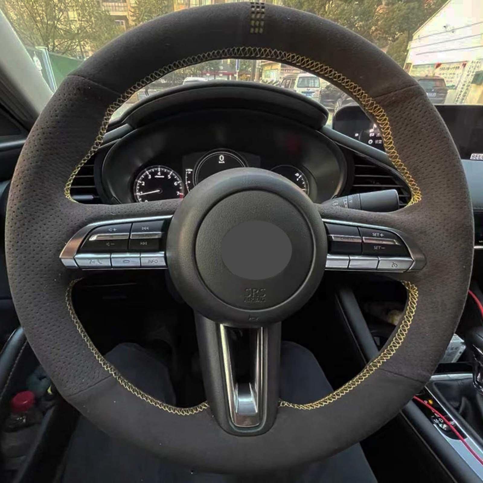 Premium Genuine Leather & Suede Car Steering Wheel Cover for Mazda 3 Axela 2019-2021, CX-30 2020-2021, MX-30 2020-2021 - Black | Non-Slip Grip, Comfortable Driving Experience | Perfect for Daily Commute & Road Trips