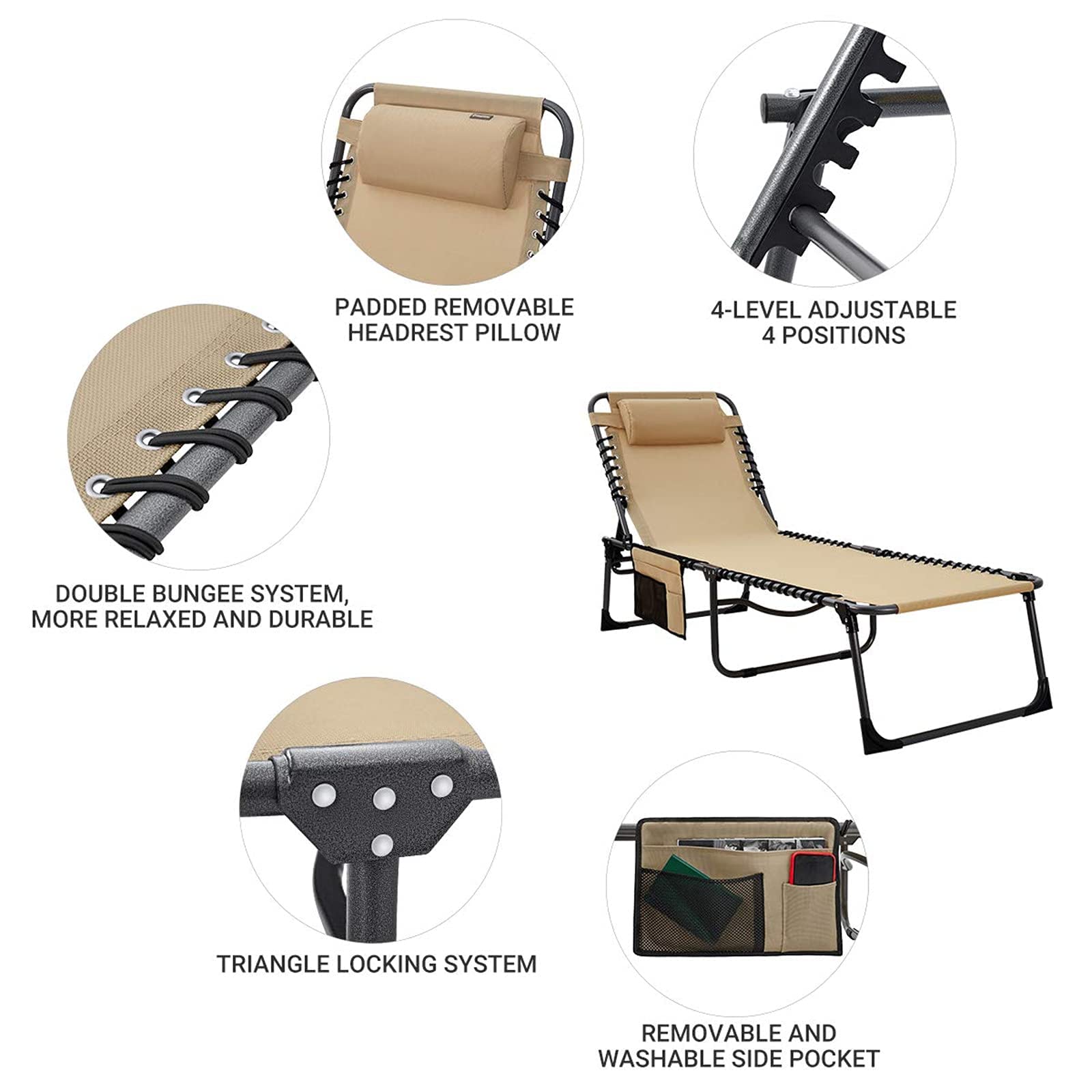 KingCamp Adjustable Folding Lounge Chair for Outdoor, Patio, Pool, Beach & Camping - Heavy Duty Portable Chaise Lounge with Pillow - Perfect for Sunbathing, Relaxing in Backyard, Deck or Lawn