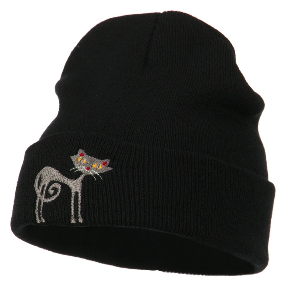 Black Cat Embroidered Long Beanie Hat for Women & Men - Winter Warm Knit Skull Cap with Cute Feline Design - Perfect for Cold Weather, Outdoor Activities, and Fashion Accessories