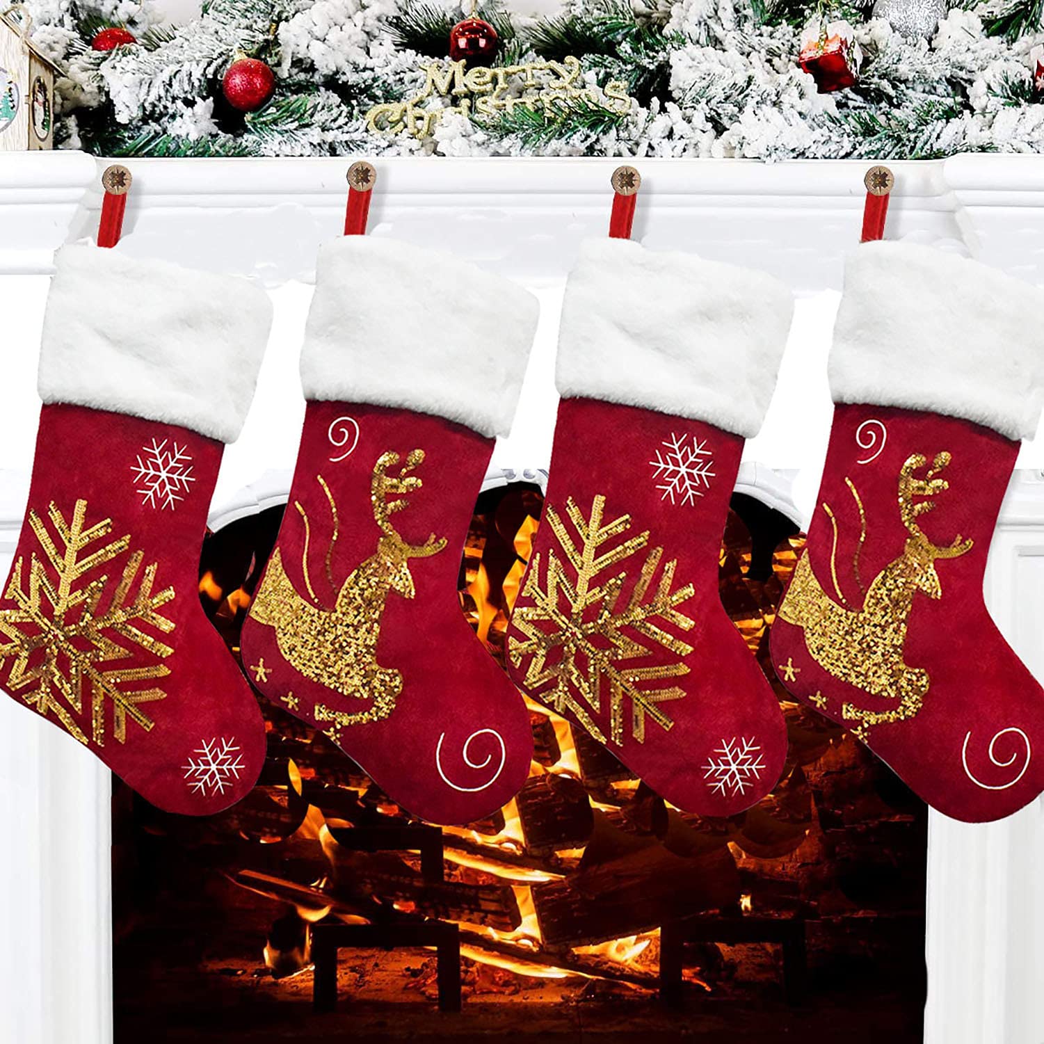 4-Pack Gold Sequins Burgundy Red Velvet Christmas Stockings Set with Snowflake Reindeer Holders - 18 Inch Holiday Decor for Fireplace Mantel, Xmas Tree, Gift Bags & Festive Home Decorations