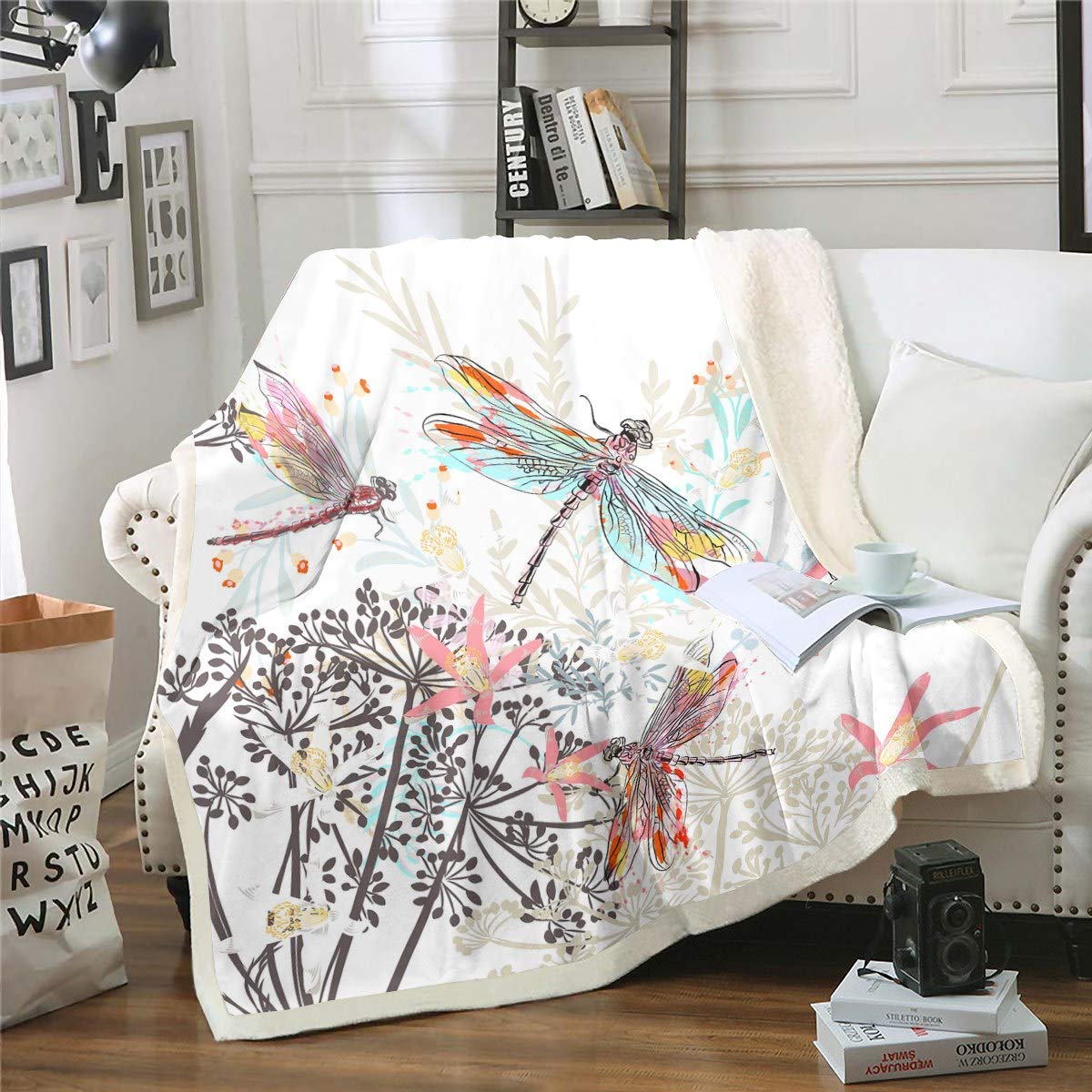 Feelyou Dragonfly Fleece Sherpa Throw Blanket - Ultra Soft Cozy Fluffy Flowers Fuzzy Blanket for Women & Adults - 90