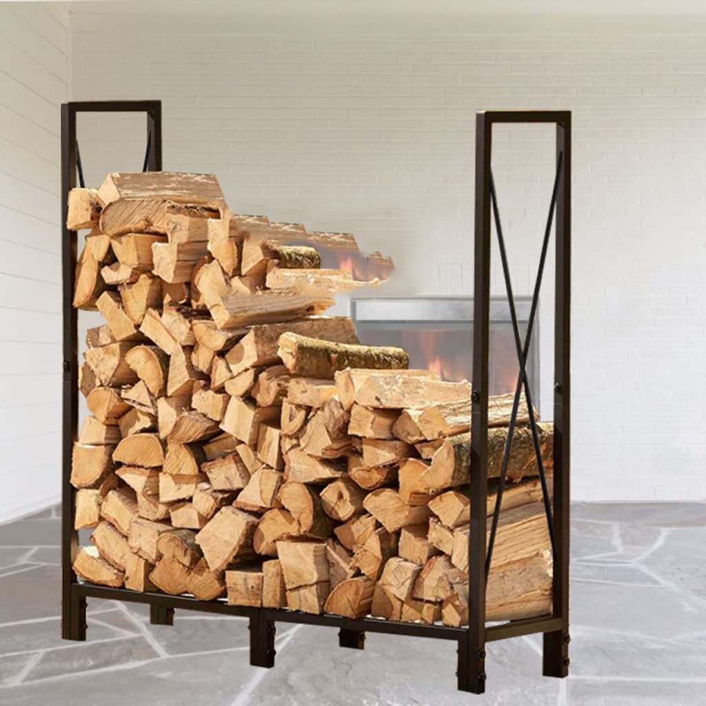 XMING Minimalist Modern Outdoor Iron Firewood Storage Rack with Wood Divider - 150cm for Home, Patio, Garden & Fireplace Use