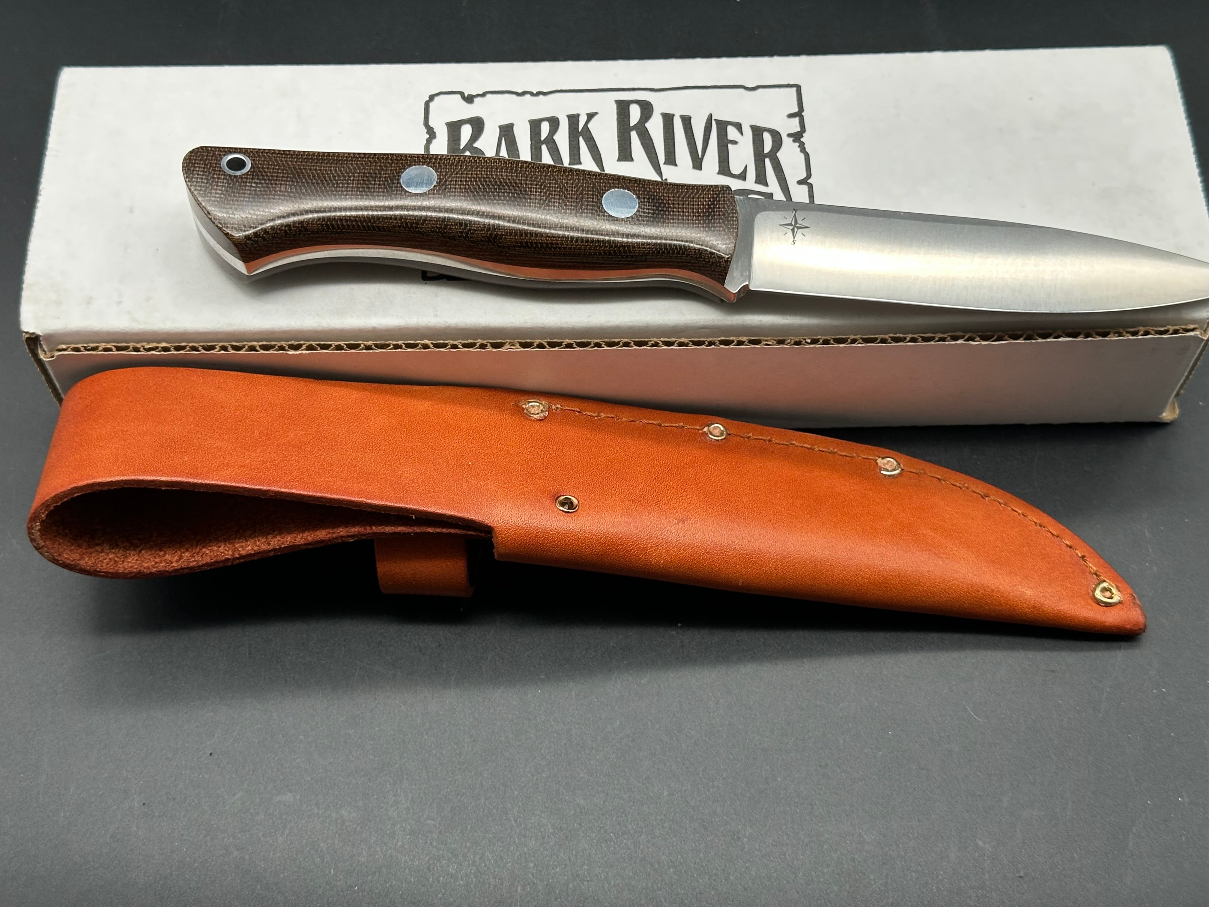 Bark River Aurora Knife with Green Canvas Micarta Scales & A2 Tool Steel Blade - Hunting, Camping, Outdoor Survival Gear with Brown Leather Sheath