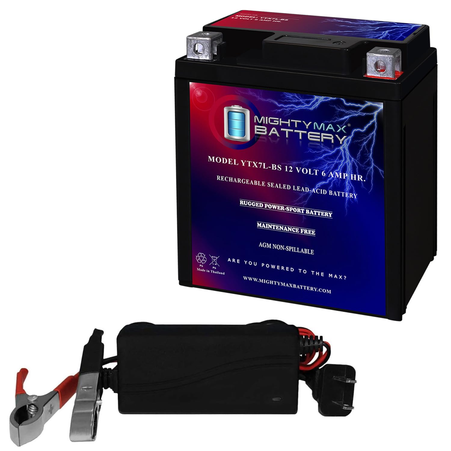Mighty Max YTX7L-BS 12V 6Ah Sealed Lead Acid Battery with 1A Charger - Compatible with Piaggio Vespa Primavera 150 (2015-2020) | Perfect for Scooter Replacement, Motorcycle Maintenance & Outdoor Power Equipment Backup