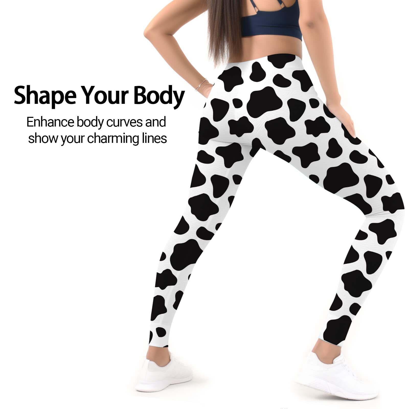 Artsadd Women's High Waisted Yoga Pants - Cow Print Leggings 7/8 Length Capris with Tummy Control - Compression Running Tights for Yoga, Workout & Casual Wear
