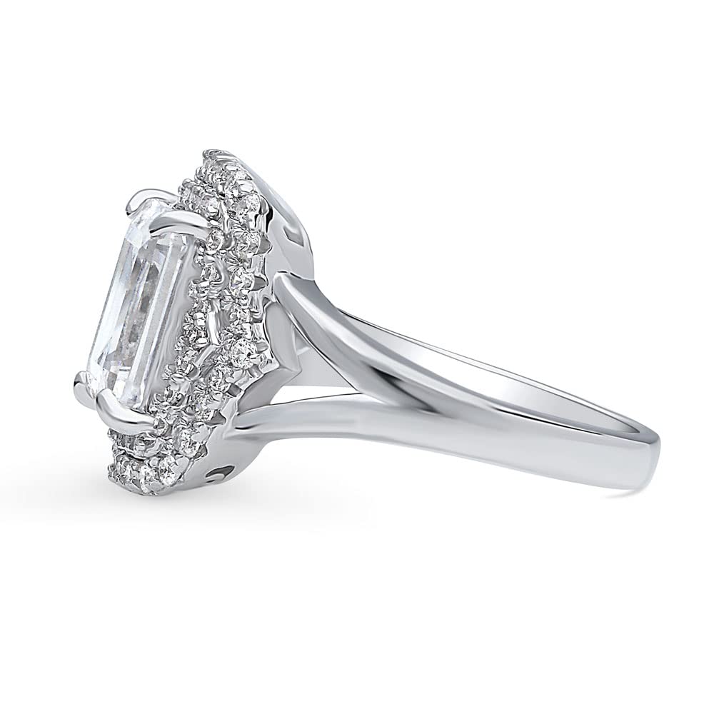 BERRICLE Sterling Silver Halo Wedding Engagement Ring for Women - Step Emerald Cut Cubic Zirconia CZ Statement Cocktail Split Shank Ring, Rhodium Plated Size 4-10 | Perfect for Proposals, Anniversaries, Date Nights & Special Occasions