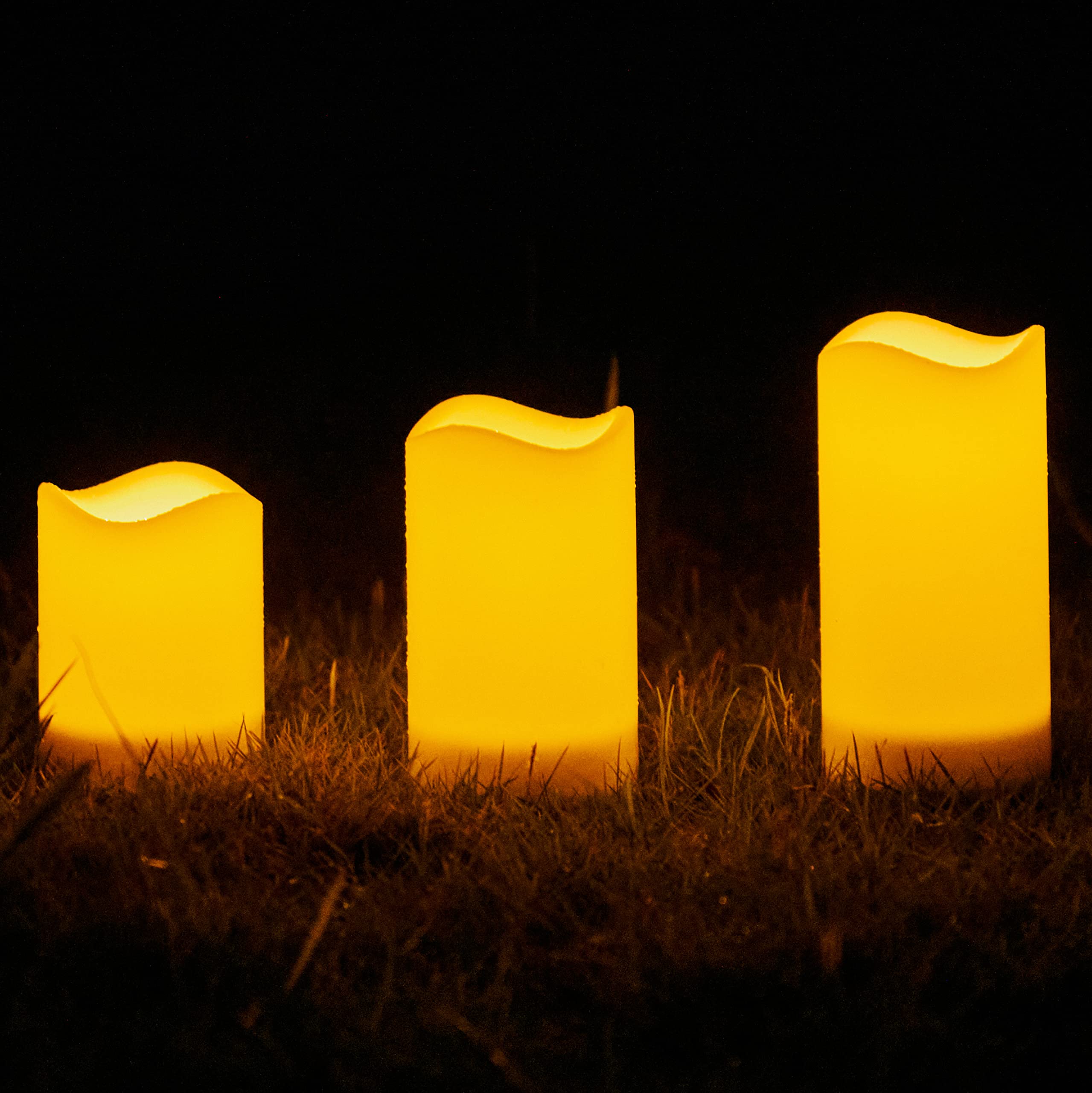 Solar Candles Outdoor Waterproof Set of 3 - Rechargeable with Timer & Sensor for Garden, Patio