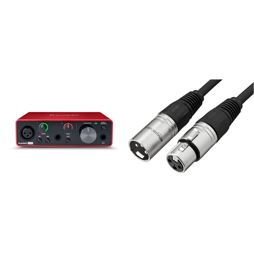 Focusrite Scarlett Solo 3rd Gen USB Audio Interface with Pro Tools | First & Amazon Basics 6ft XLR Male to Female Microphone Cable - Professional Recording Studio Equipment for Podcasting, Music Production & Home Studio Setup