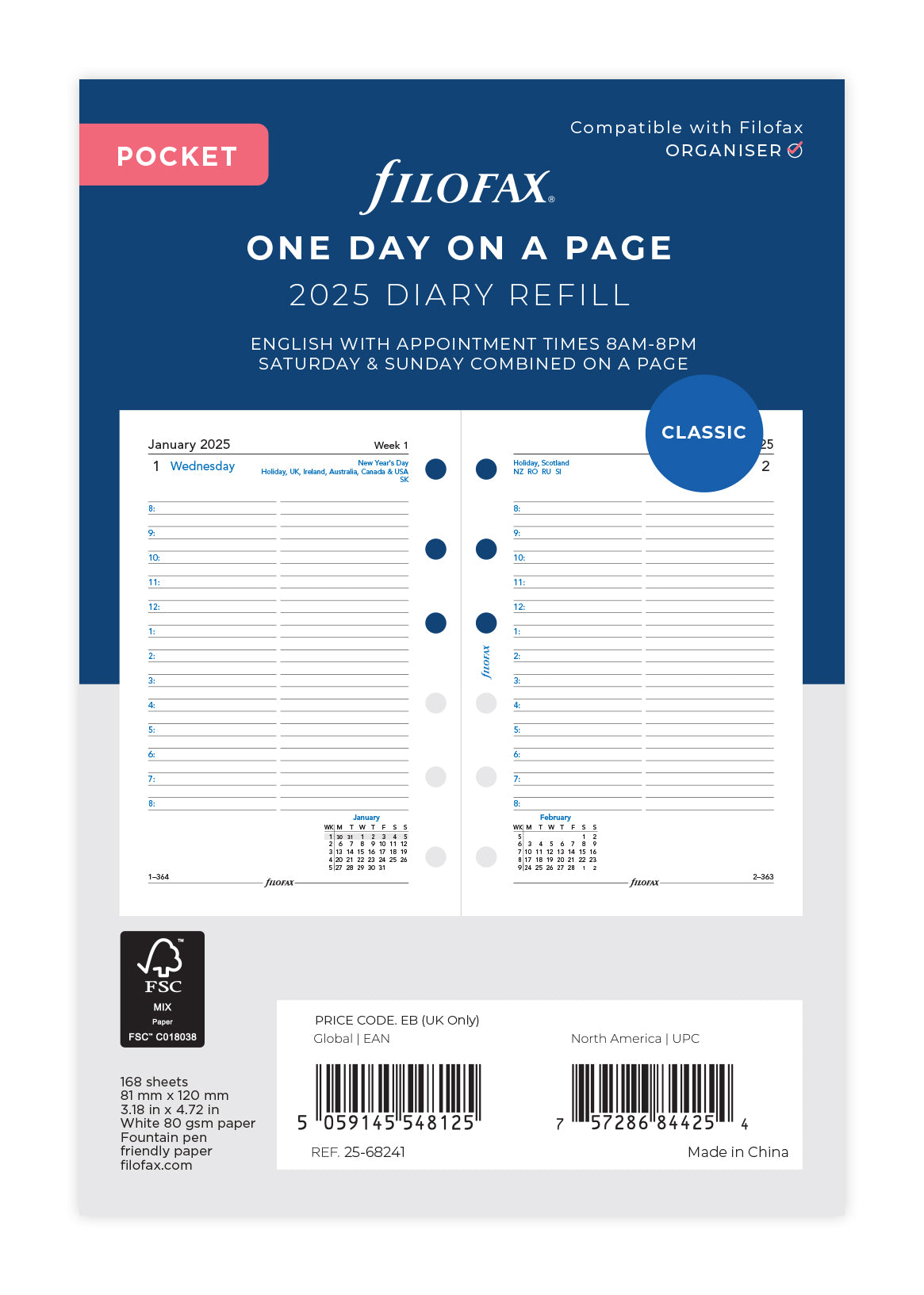 2025 Filafax Pocket Refill Planner - Classic Day Per Page with Appointments, 81mm x 120mm | Perfect for Daily Scheduling, Business Meetings & Personal Organization