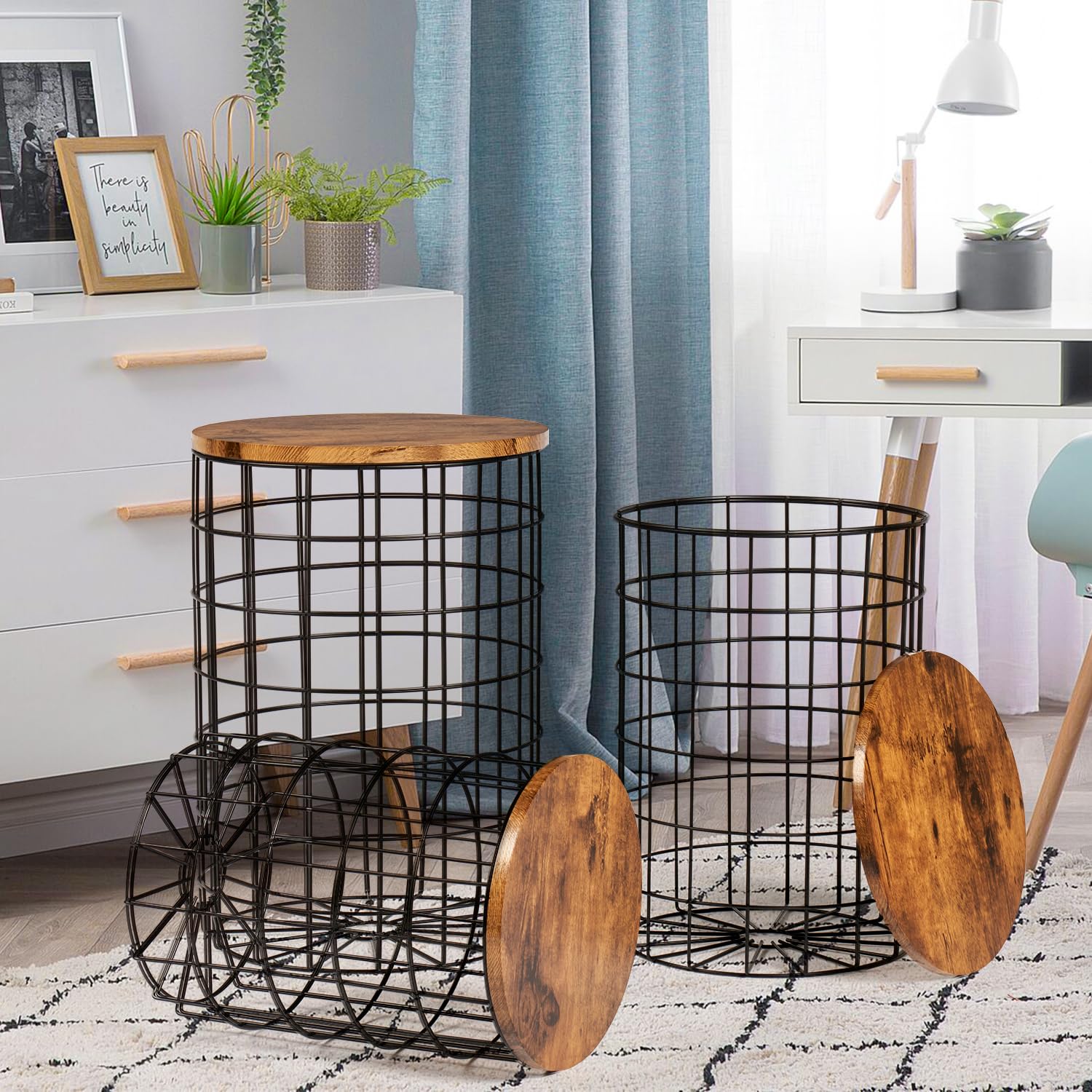 Oneinmil 3-Piece Nesting End Table Set with Storage - Round Side Tables with Removable Lids, Wire Basket Design & Steel Frame - Perfect for Living Room, Bedroom, Office - Rustic Home Decor for Small Spaces & Apartment Living