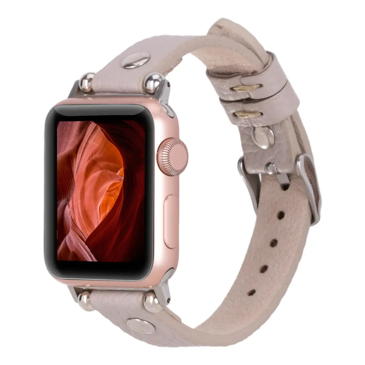 Slim Beige Leather Apple Watch Band with Silver Rivet - Stylish & Comfortable Replacement Strap for Work, Gym & Everyday Wear
