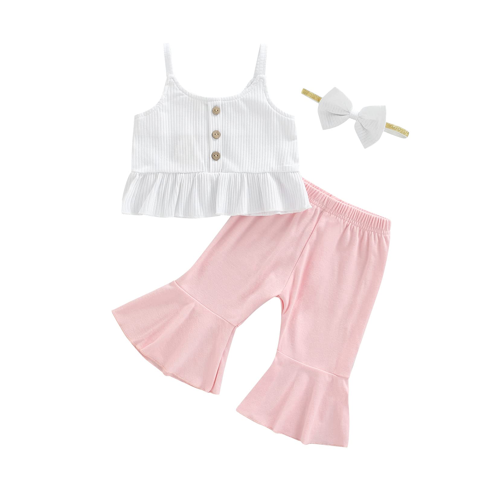 Toddler Girls Summer Outfit - White Strap Top & Bell Solid Pants 2-Piece Set | Cute Baby Girl Clothes for Playtime, Beach & Outdoor Activities