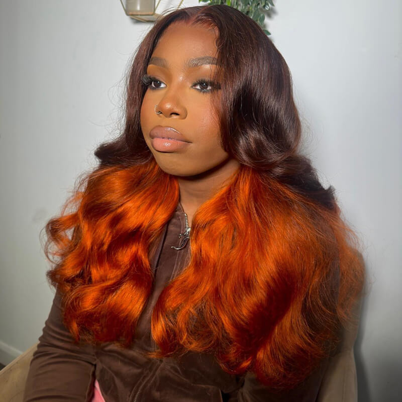 Eullair Ombre Brown Ginger Orange Body Wave Human Hair Wig with Transparent Lace Frontal - Natural Looking Wigs for Women | Perfect for Daily Wear, Cosplay & Special Occasions