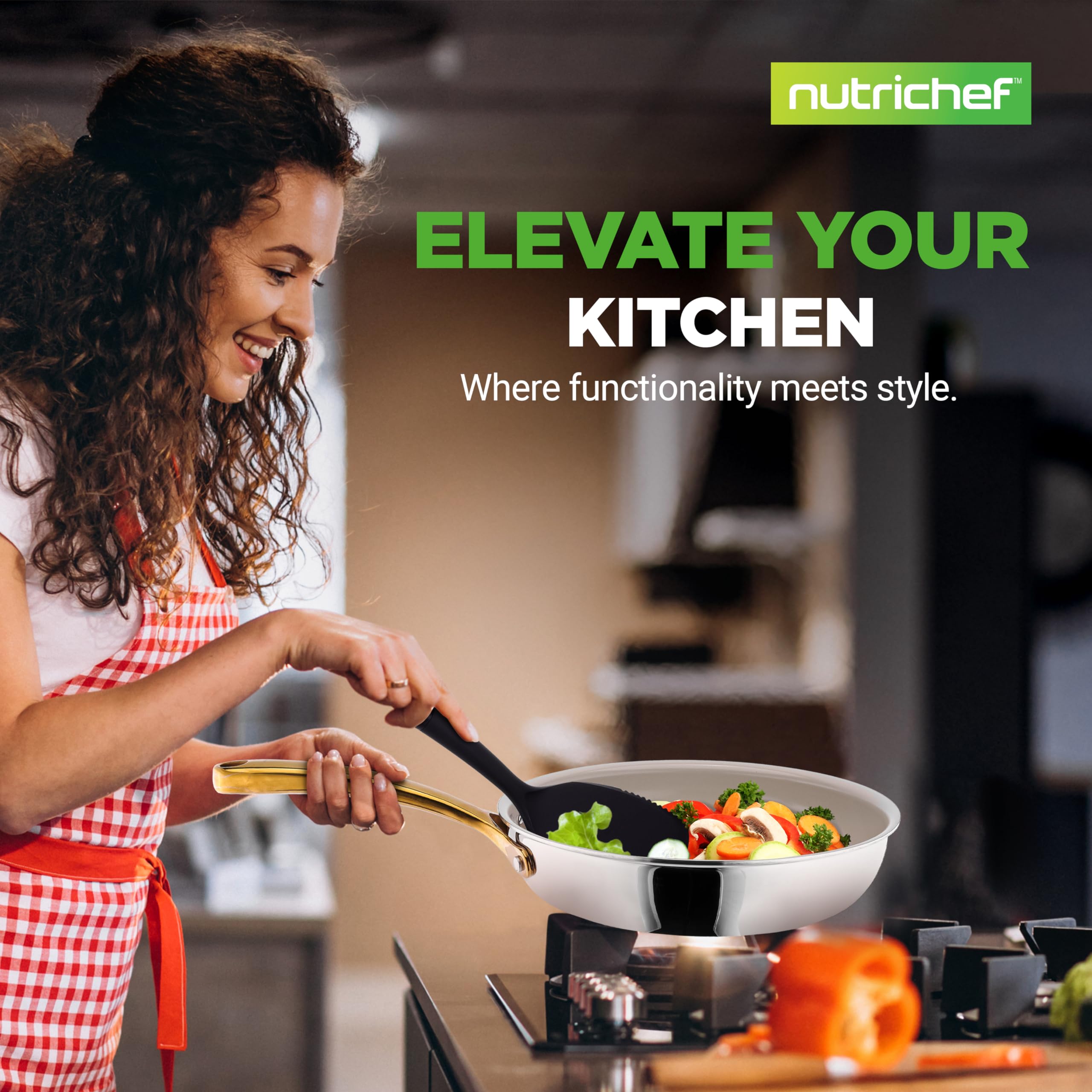 NutriChef 16-Piece Stainless Steel Cookware Set with Non-Stick Ceramic Coated Fry Pan & Nylon Utensils - Premium Kitchen Pots & Pans for Healthy Cooking | Perfect for Home Chefs, Family Meals & Professional Kitchens