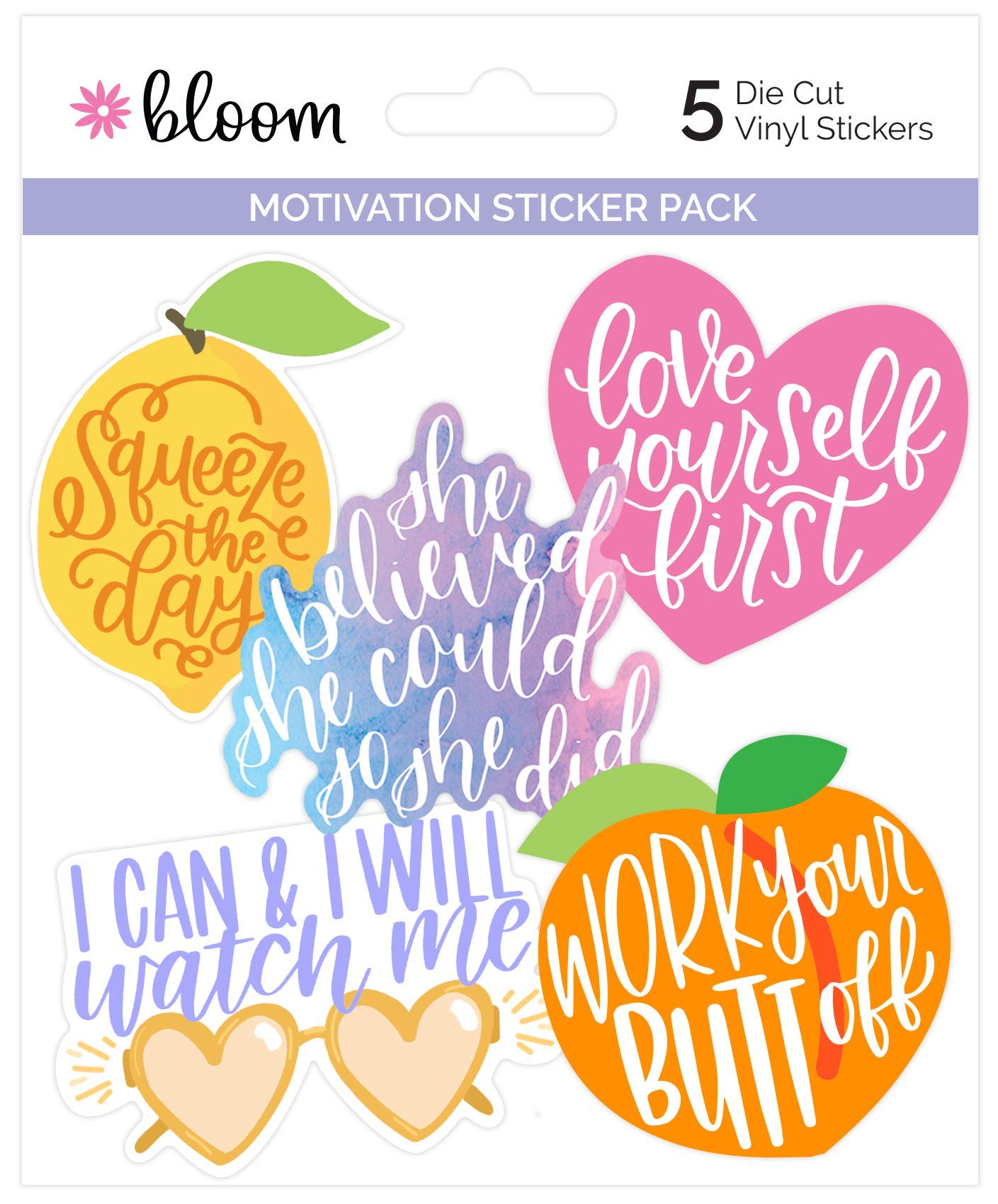 Bloom Daily Planners Vinyl Sticker Set - 5 Vibrant Hand-Drawn Decals for Laptops, Water Bottles, Journals & DIY Crafts (3.5 Inch) - Motivational Stickers for Office, School & Home Decor