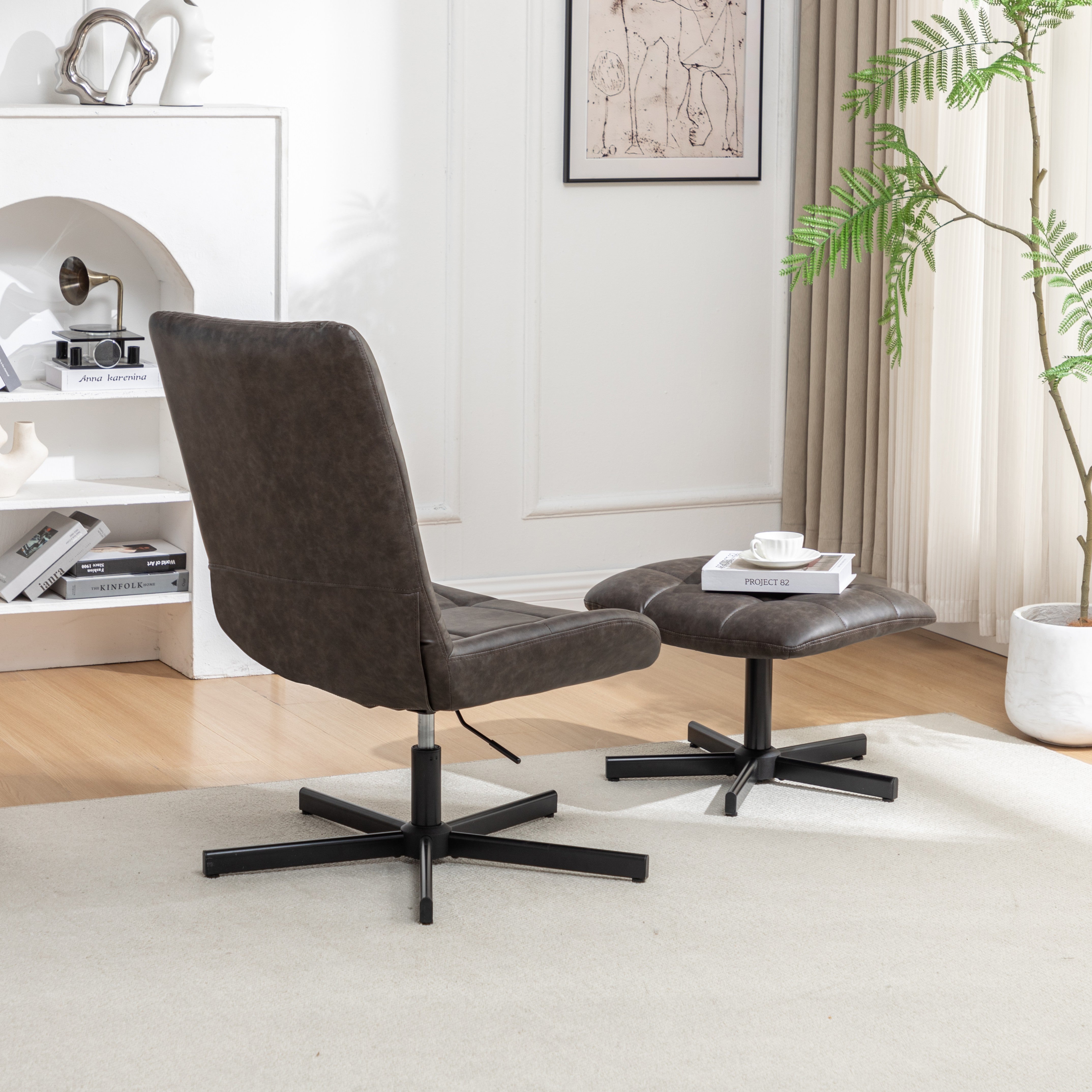 Roundhill Furniture Arlena Faux Leather Tufted Accent Chair with Ottoman Set - Modern Living Room Seating for Home Office, Bedroom or Lounge Area