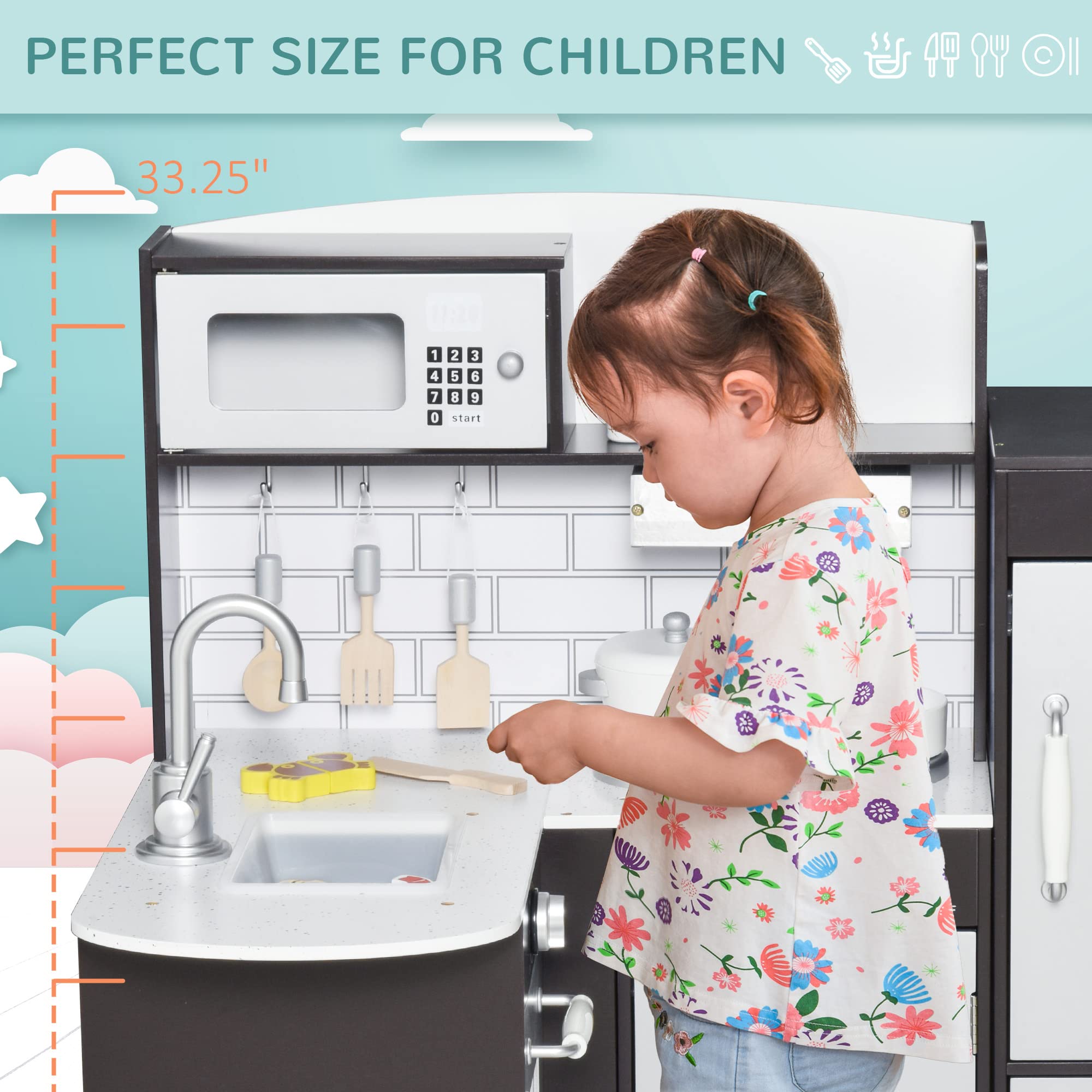 Qaba Corner Kids Wooden Kitchen Playset with Drinking Fountain, Microwave, Fridge & Accessories - Pretend Play Kitchen Toy for Ages 3+ - Perfect for Home, Preschool & Daycare Playrooms