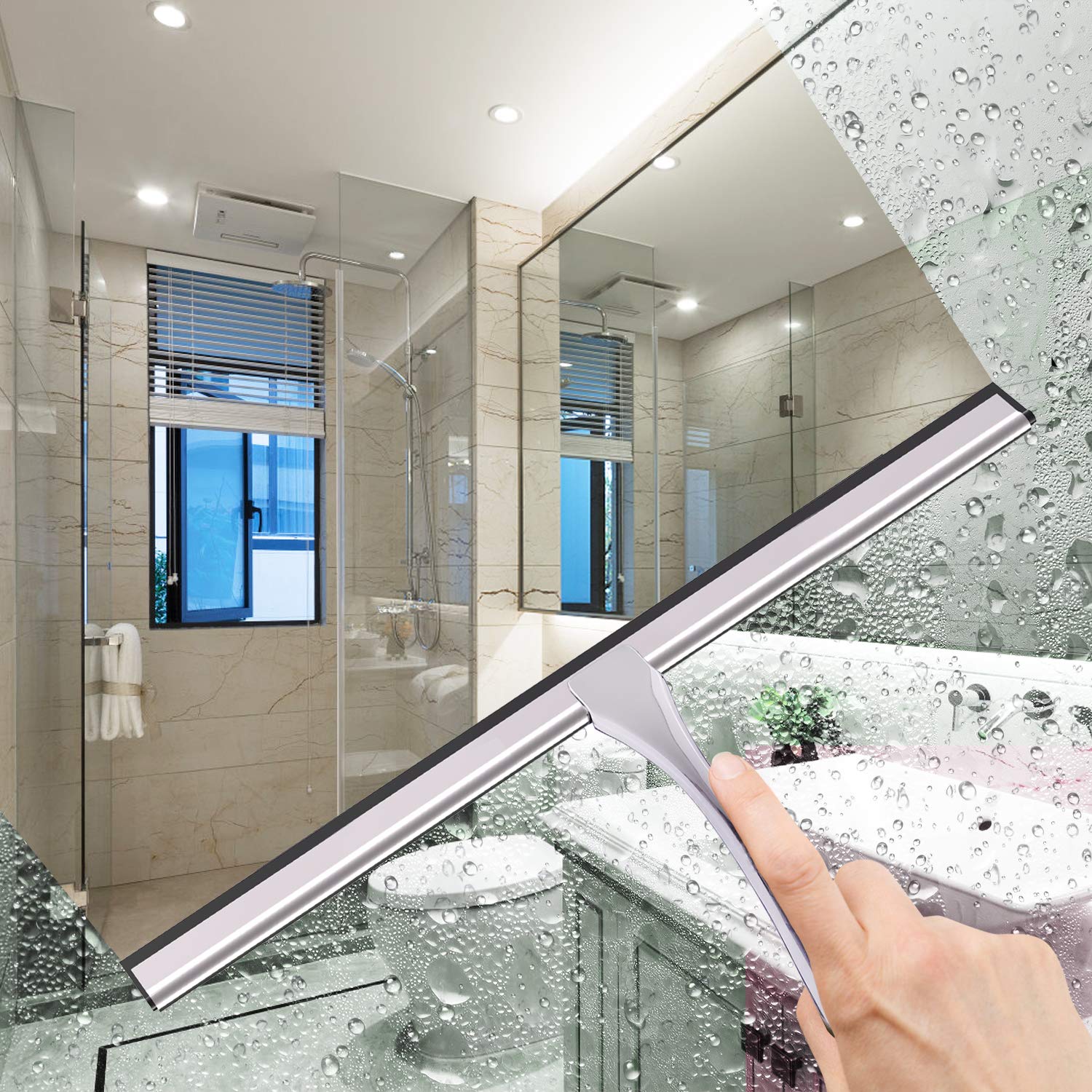 Stainless Steel Shower Squeegee - 14 Inch Bathroom & Car Window Cleaner for Shower Doors, Mirrors, Tiles - Includes 2 Hooks (Silver) | Perfect for Streak-Free Cleaning in Bathrooms, Kitchens & Vehicles