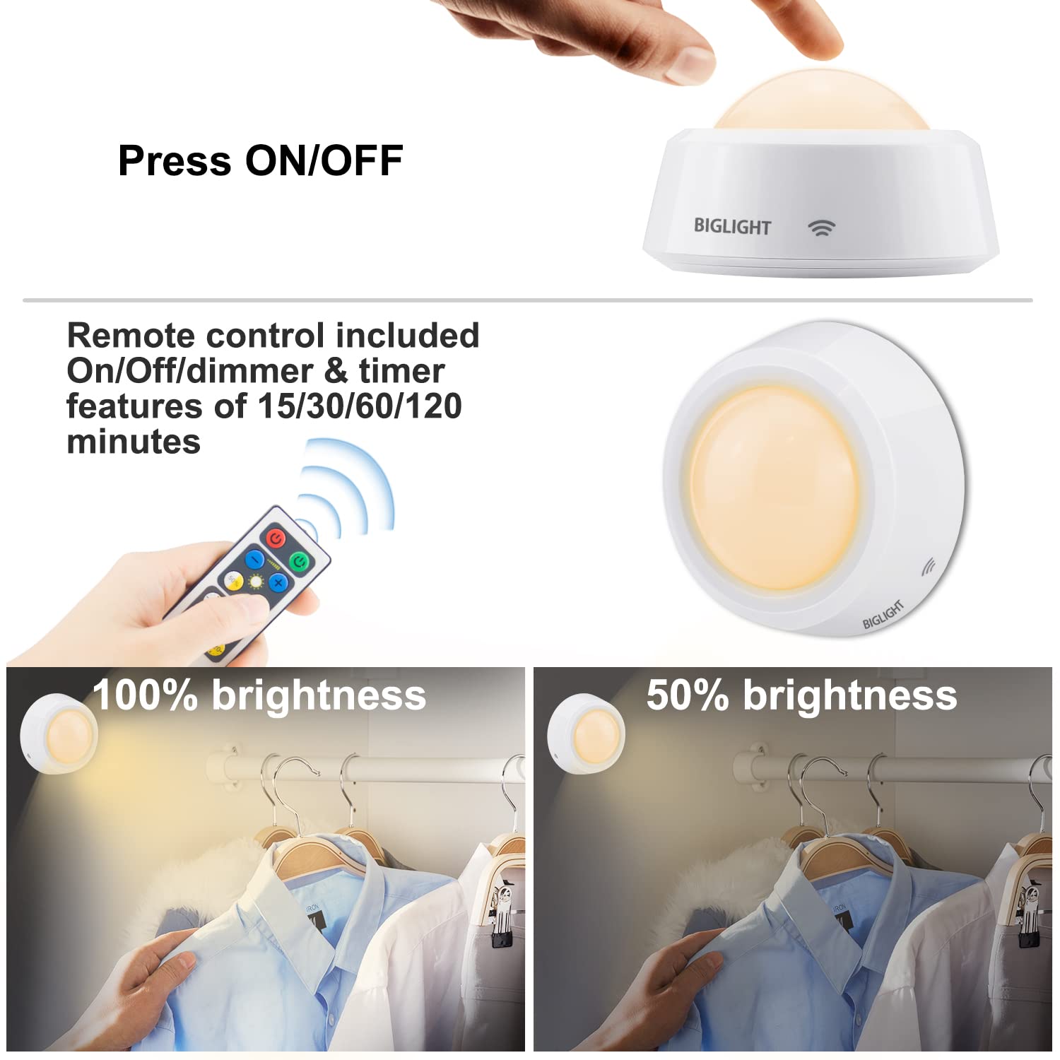 BIGLIGHT LED Closet Lights - 6 Pack Battery Operated Puck Lights with Remote Control, Dimmable Touch Switch, Easy Stick-On Installation for Cabinets, Counters & Shelves - Perfect for Home Organization, Wardrobe Lighting & Kitchen Under Cabinet Lighting