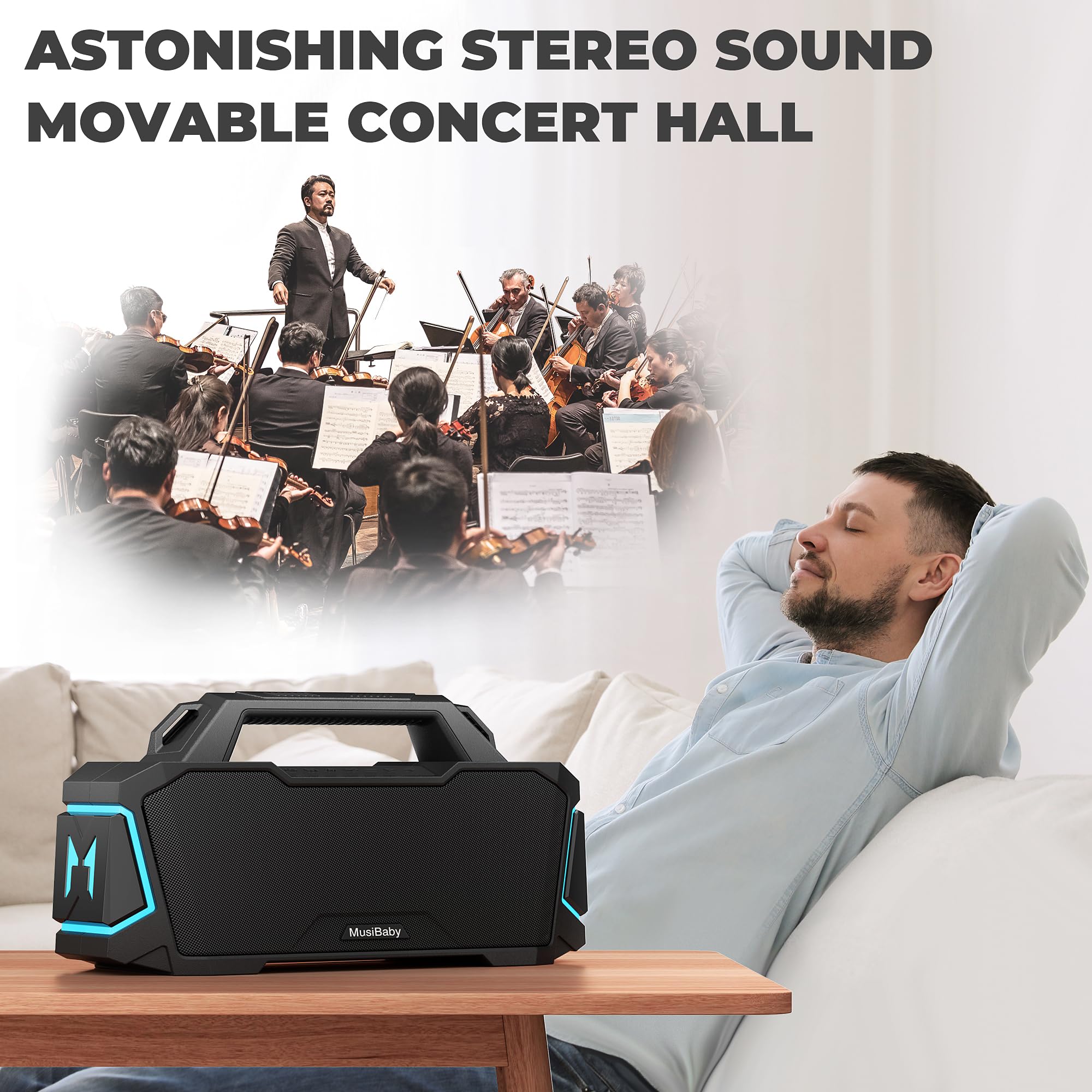 MUSIBABY M1 80W Bluetooth Speaker - IPX6 Waterproof, 20H Playtime, Deep Bass, Wireless Portable Speaker with Dual Pairing & AUX Input - Compatible with iPhone/Android (Black) - Perfect for Outdoor, Party, Camping, Beach & Travel Use