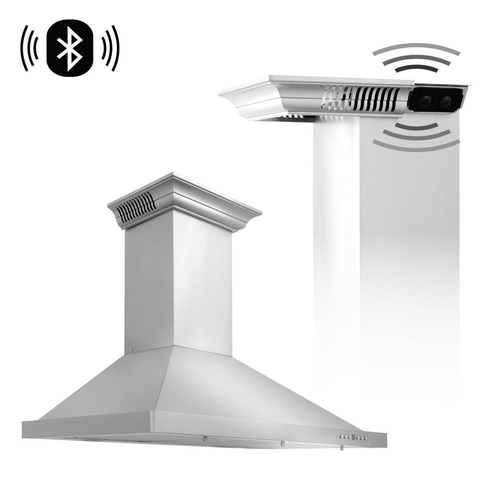 ZLINE CrownSound Ducted Vent Wall Mount Range Hood - Stainless Steel with Built-in Bluetooth Speakers (KBCRN BT) | Modern Kitchen Ventilation for Cooking & Entertainment