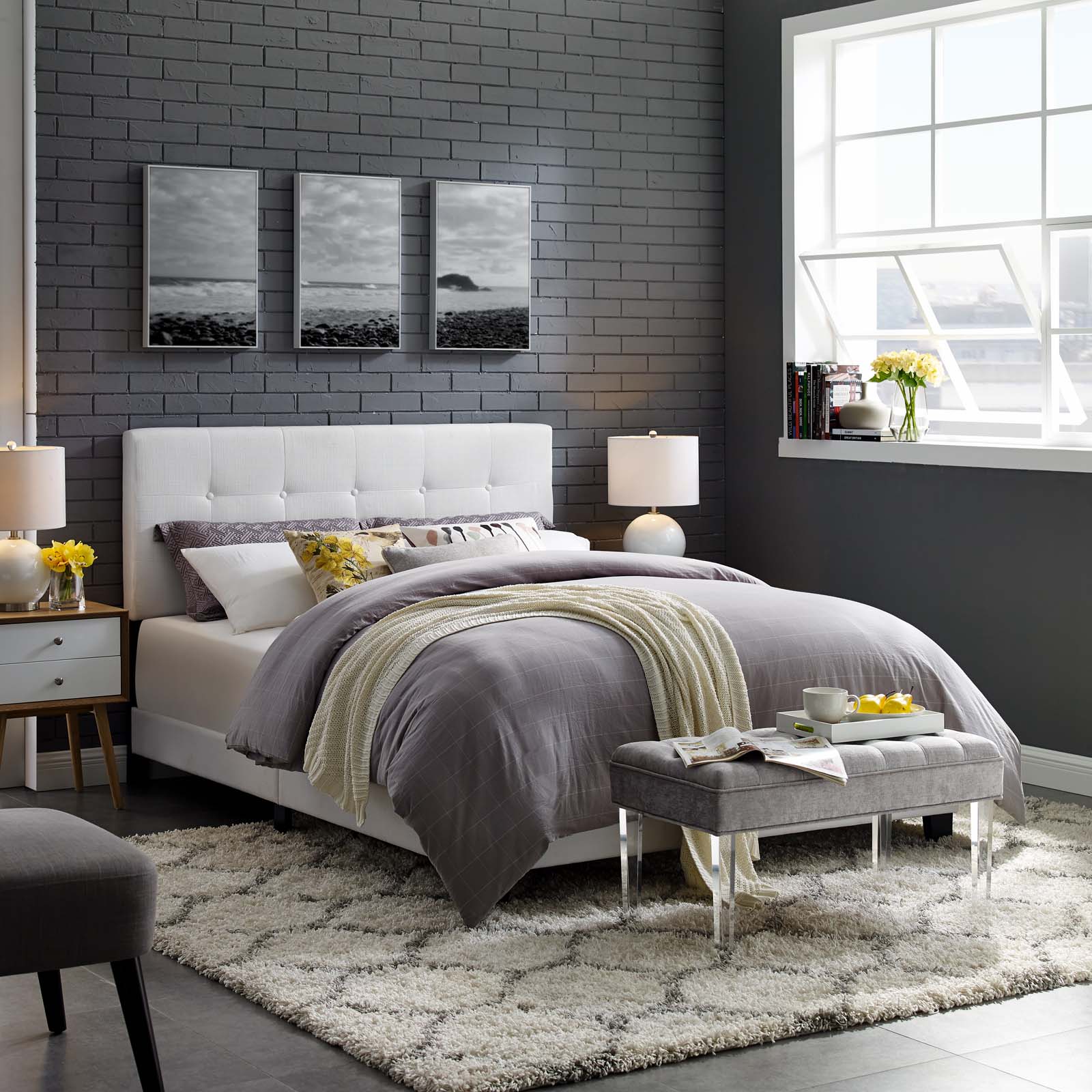 Amira Upholstered Fabric Bed Frame - Queen Size Platform Bed with Headboard for Bedroom, Living Room & Guest Room