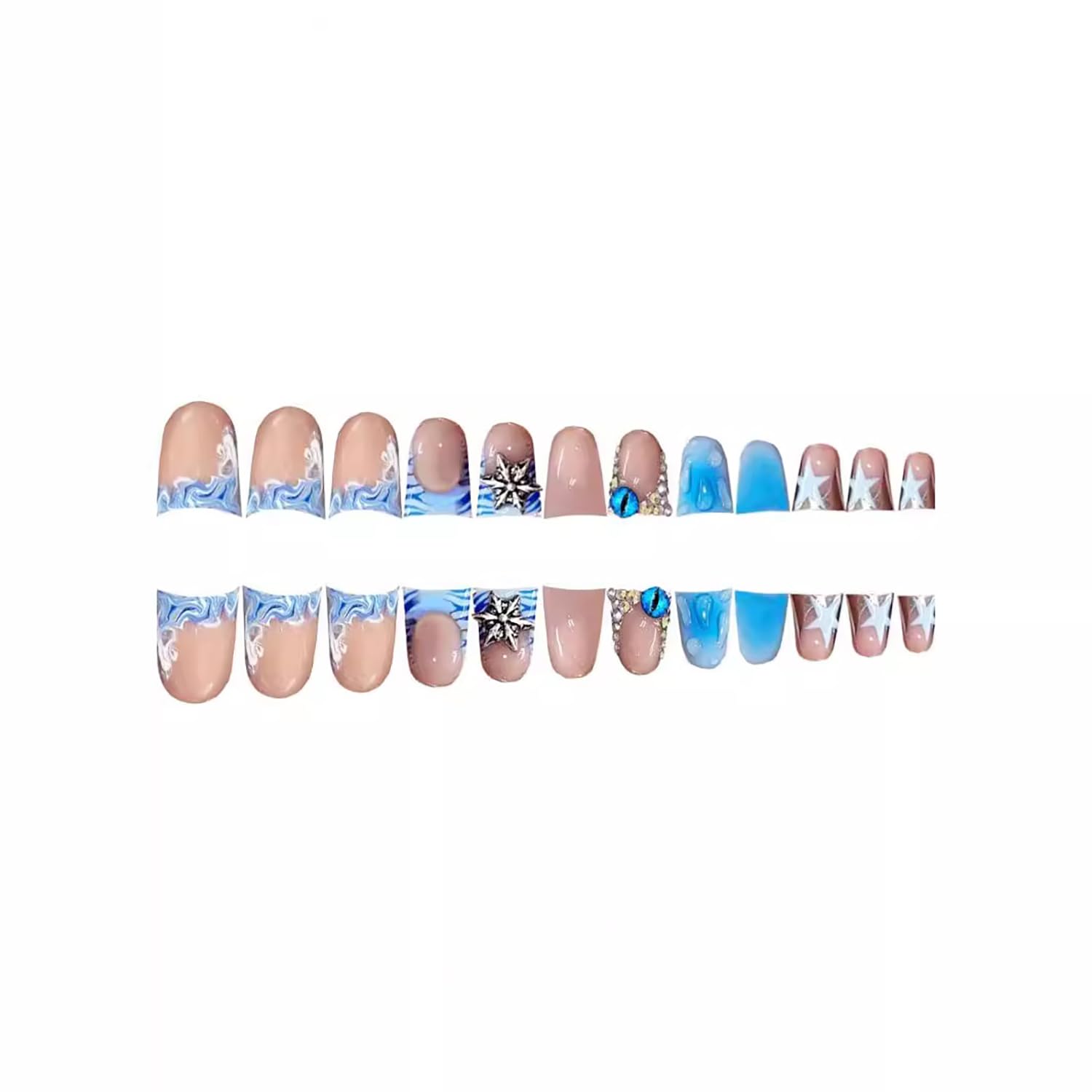 Blue Ocean Theme Duck Nail Tips - 24 Pcs Short French Tip Press on Fake Nails with 3D Devil Eyes & Rhinestone Charms | Full Cover Acrylic Nails for Women | Perfect for Parties, Weddings & Nail Art Decor