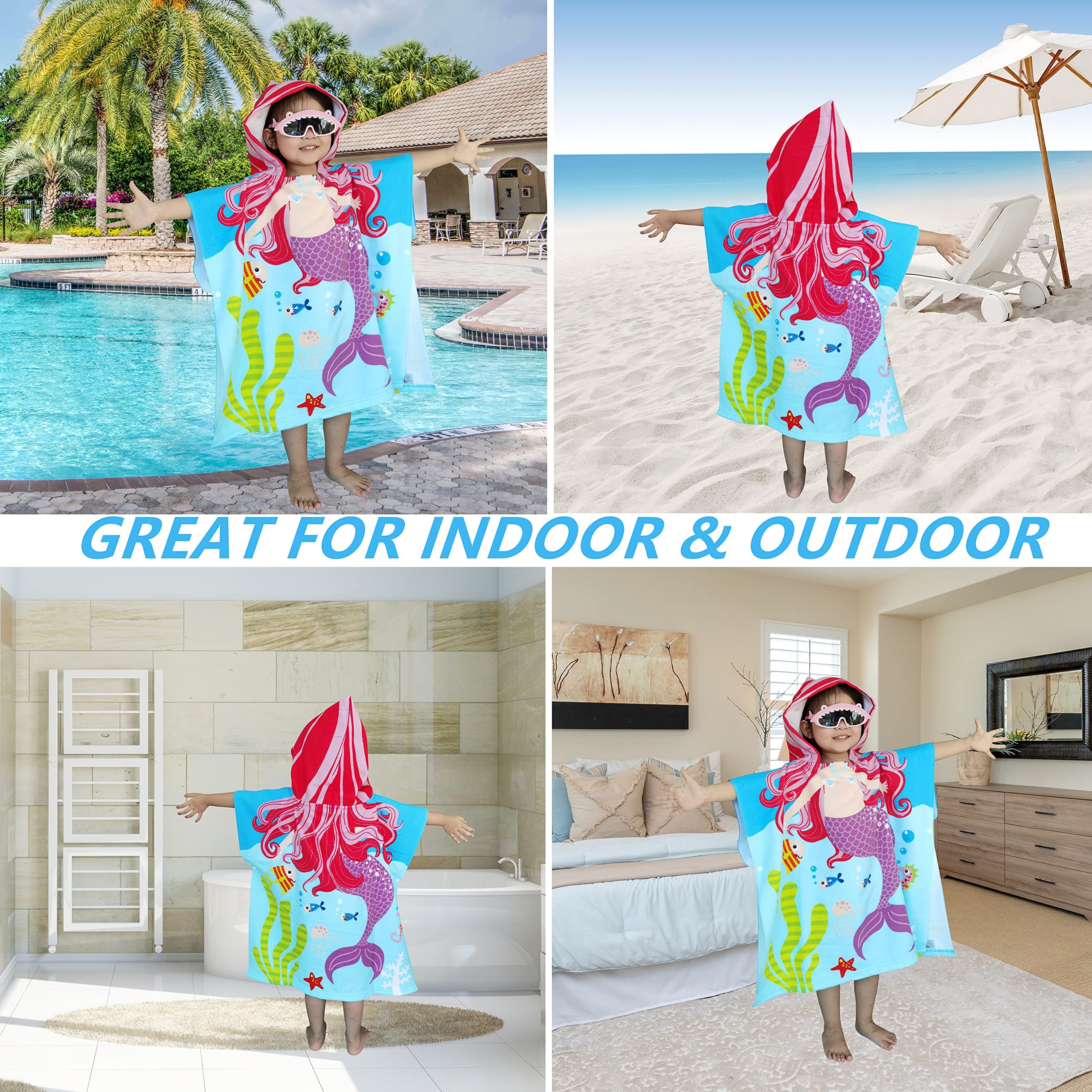 Lightweight Microfiber Hooded Beach Towel for Kids & Toddlers - Quick Dry Bath/Pool/Swim Poncho Cover Up with Carry Bag - 3D Mermaid Design - Perfect for Beach Days, Swimming Lessons & Family Vacations