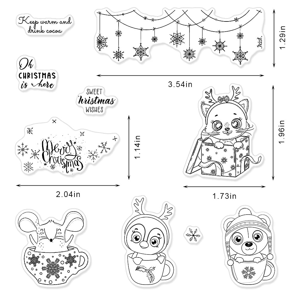 Christmas Snowflake Clear Rubber Stamps Set for Card Making - Cup, Cat, Mouse, Bear, Penguin & Star Designs with Sentiment Words - Perfect for Holiday Cards, DIY Photo Albums, Scrapbooking & Journaling - Great for Winter Crafts, Gift Wrapping & Seasonal Decorations