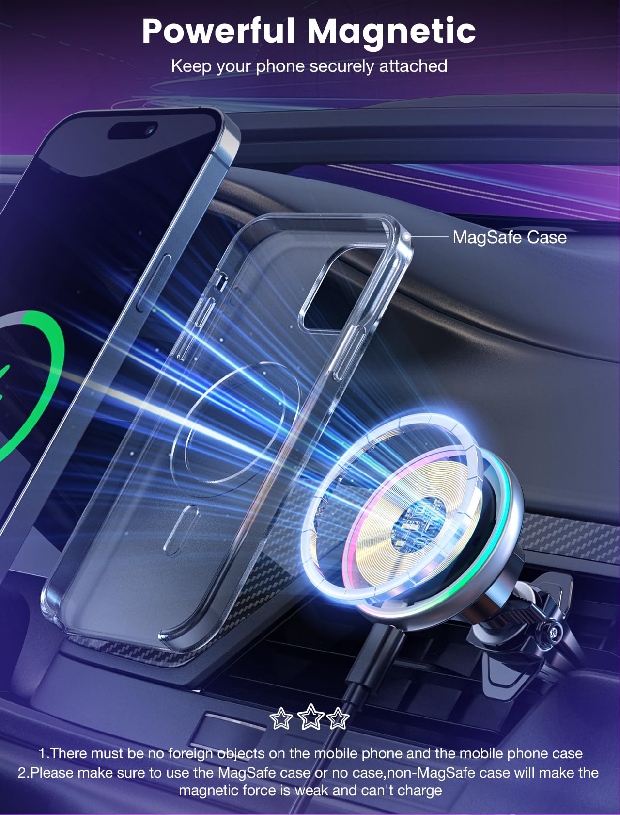 Magnetic Car Mount Wireless Charger - Fast Qi Charging Phone Holder for iPhone 16/15/14/13/12 - Colorful LED Car Cup Holder & Air Vent Mount - Perfect for Driving, Commuting & Road Trips