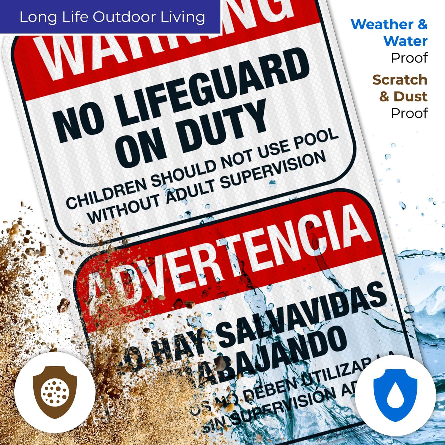 Bilingual No Lifeguard On Duty Sign - Spanish/English 12x18 Inch | 3M EGP Reflective .063 Aluminum | Fade Resistant & Easy Mounting | Indoor/Outdoor Safety Sign | Made in USA | Perfect for Pools, Beaches & Water Parks