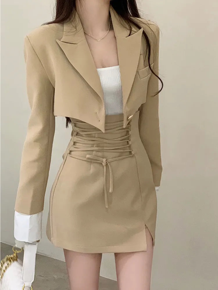 2 Piece Women's Casual Y2K Outfit Set - Crop Top & Elegant Blazer Jacket with Mini Skirt | Korean Fashion Suits for Autumn | Office Wear, Date Night, Fall Outfits