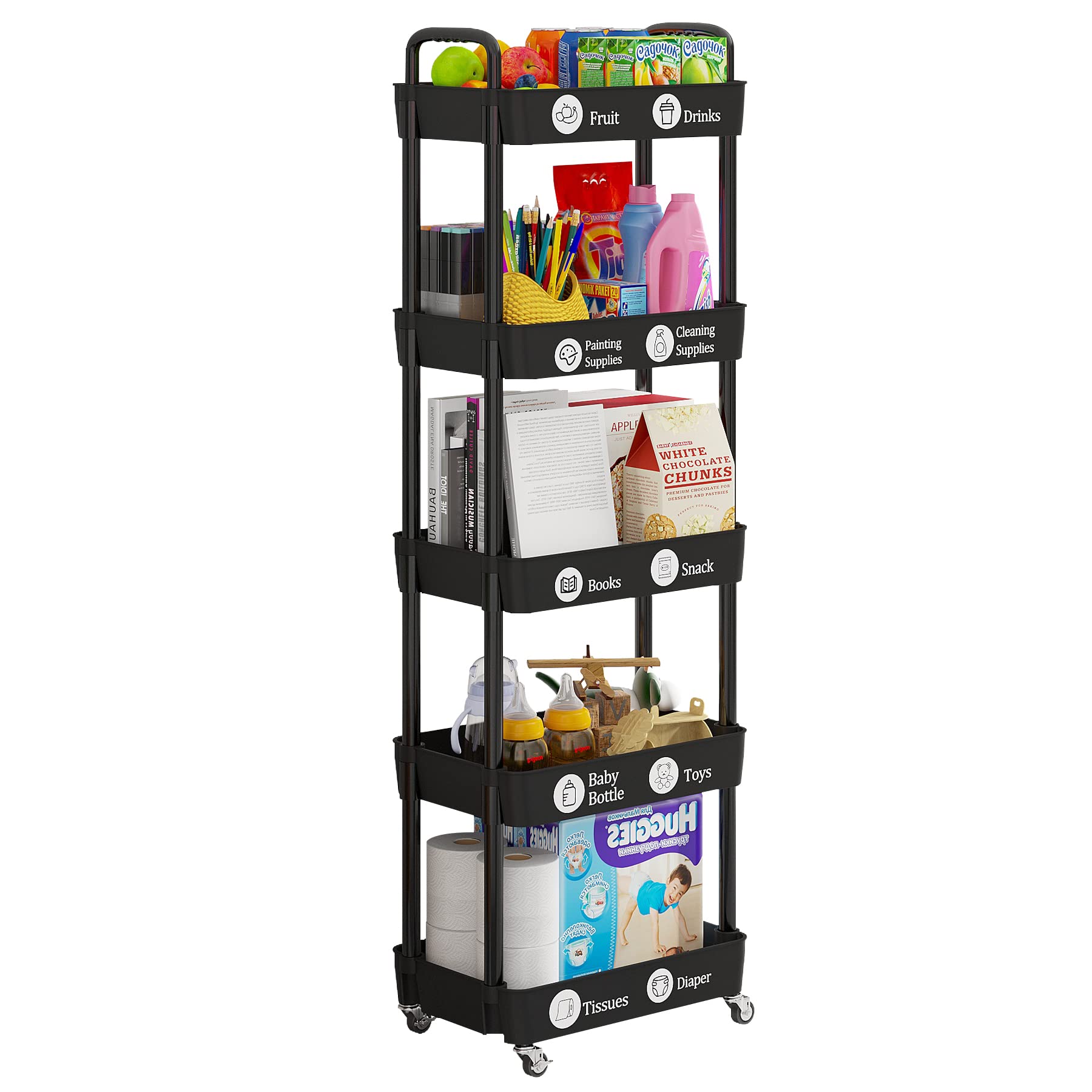 Laiensia 3-Tier Rolling Storage Cart with Lockable Wheels - Multifunctional Mobile Organizer for Kitchen, Bathroom, Laundry Room - Includes Classified Stickers | Perfect for Home Organization, Small Space Storage & Closet Organization