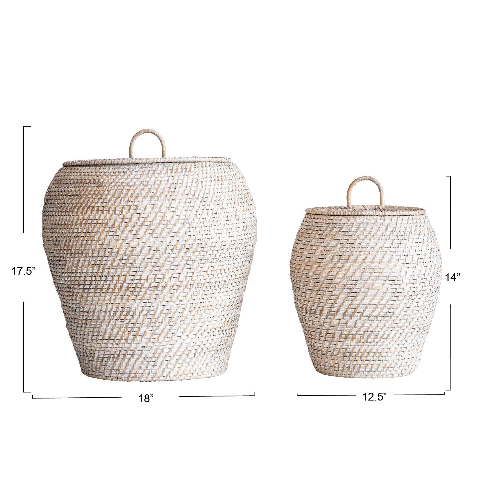 Bloomingville Whitewashed Rattan Storage Baskets with Lids - Set of 2 Sizes (Small & Large) for Home Organization, Bathroom & Nursery Decor
