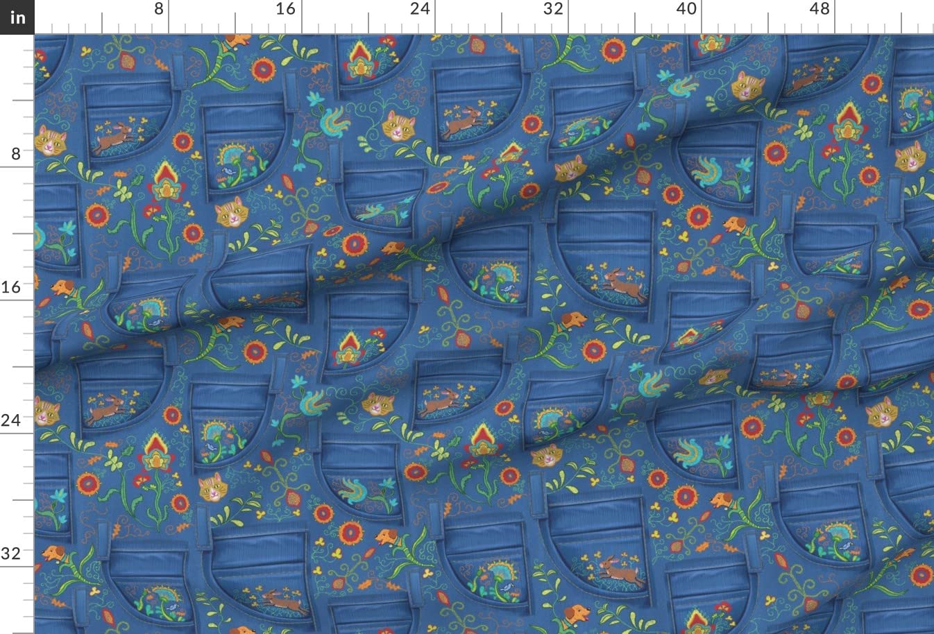 Denim Red Orange Turquoise Fabric - Fat Quarter for Sewing & Decor