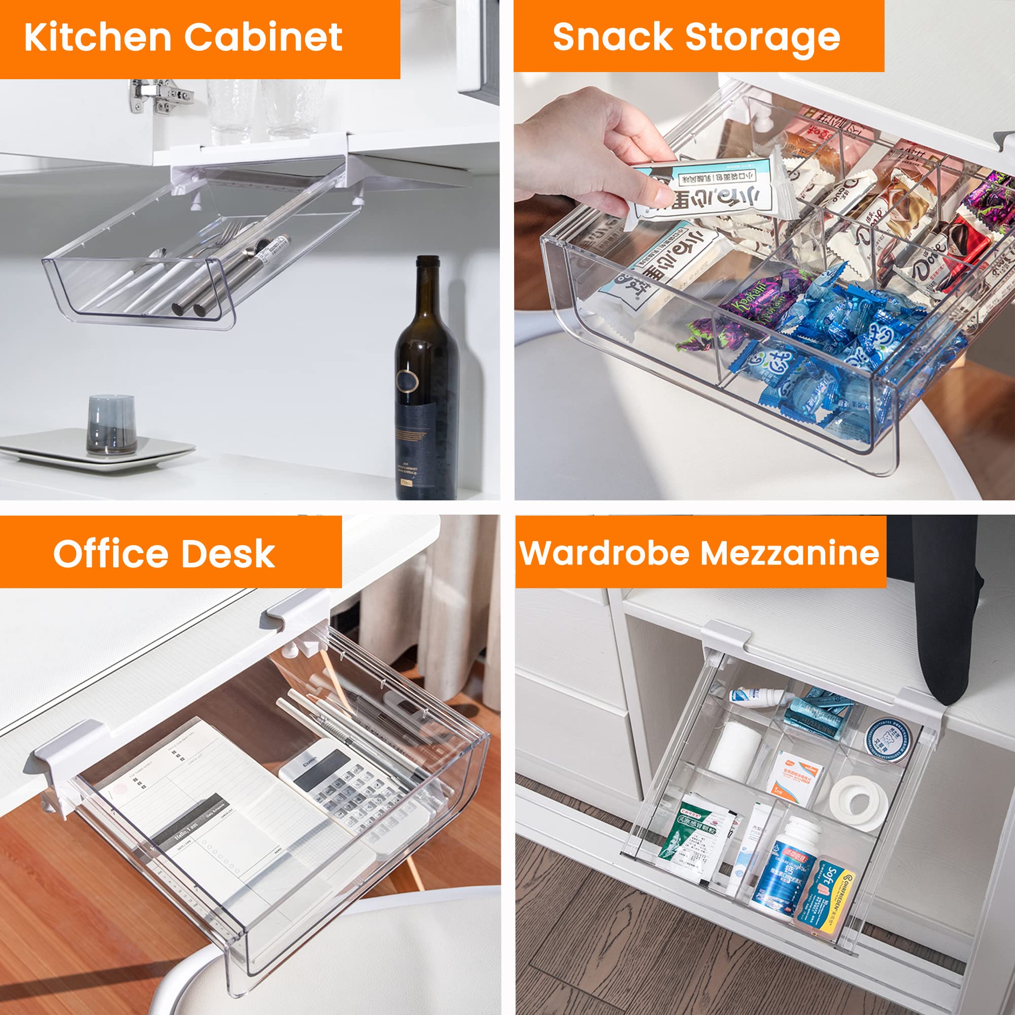 Under Shelf Pull Out Drawer Organizer - Removable Divider, Hanging Storage Basket for Kitchen Pantry & Closet | Easy Install Durable BPA-Free Cabinet Accessories | Perfect for Spice Racks, Bathroom Supplies & Office Organization