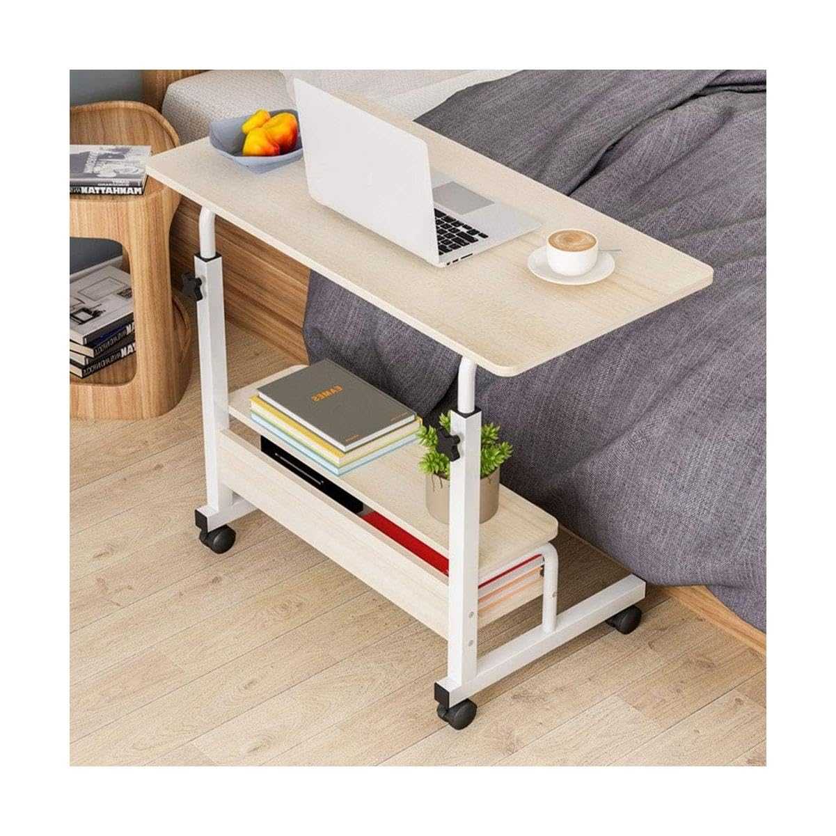 Adjustable Overbed Table with Wheels - Steel Frame Lifting Computer Desk with Double Shelves for Laptop, Notebook & Meal Tray - Perfect for Hospital, Home Office & Bedroom Use