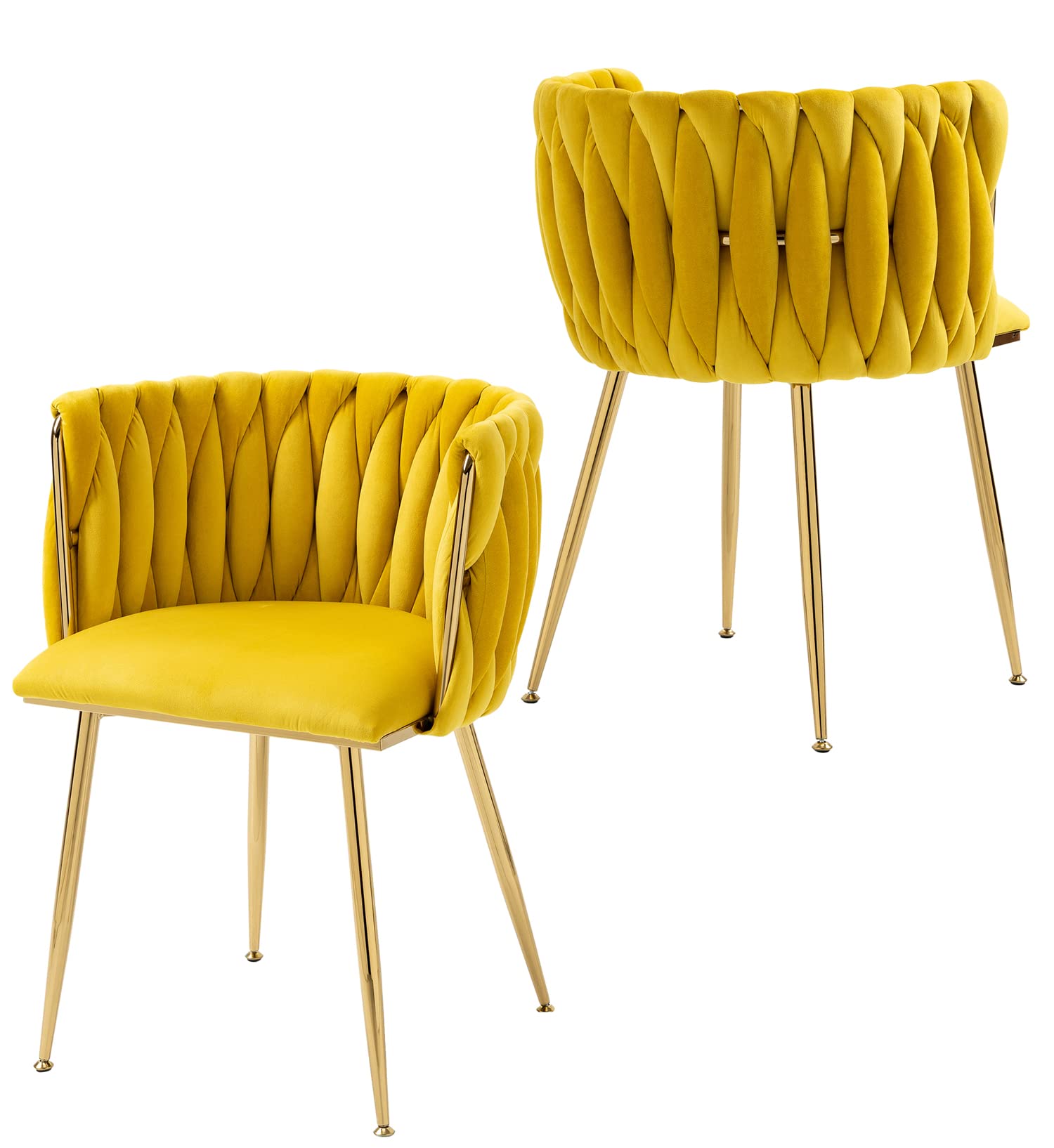Nrizc Set of 2 Modern Velvet Upholstered Dining Chairs with Gold Metal Legs - Woven Accent Chairs for Living Room, Kitchen & Dining Room - Comfortable & Stylish Seating for Home Decor (Yellow) - Perfect for Dinner Parties, Family Gatherings & Cozy Breakfast Nooks