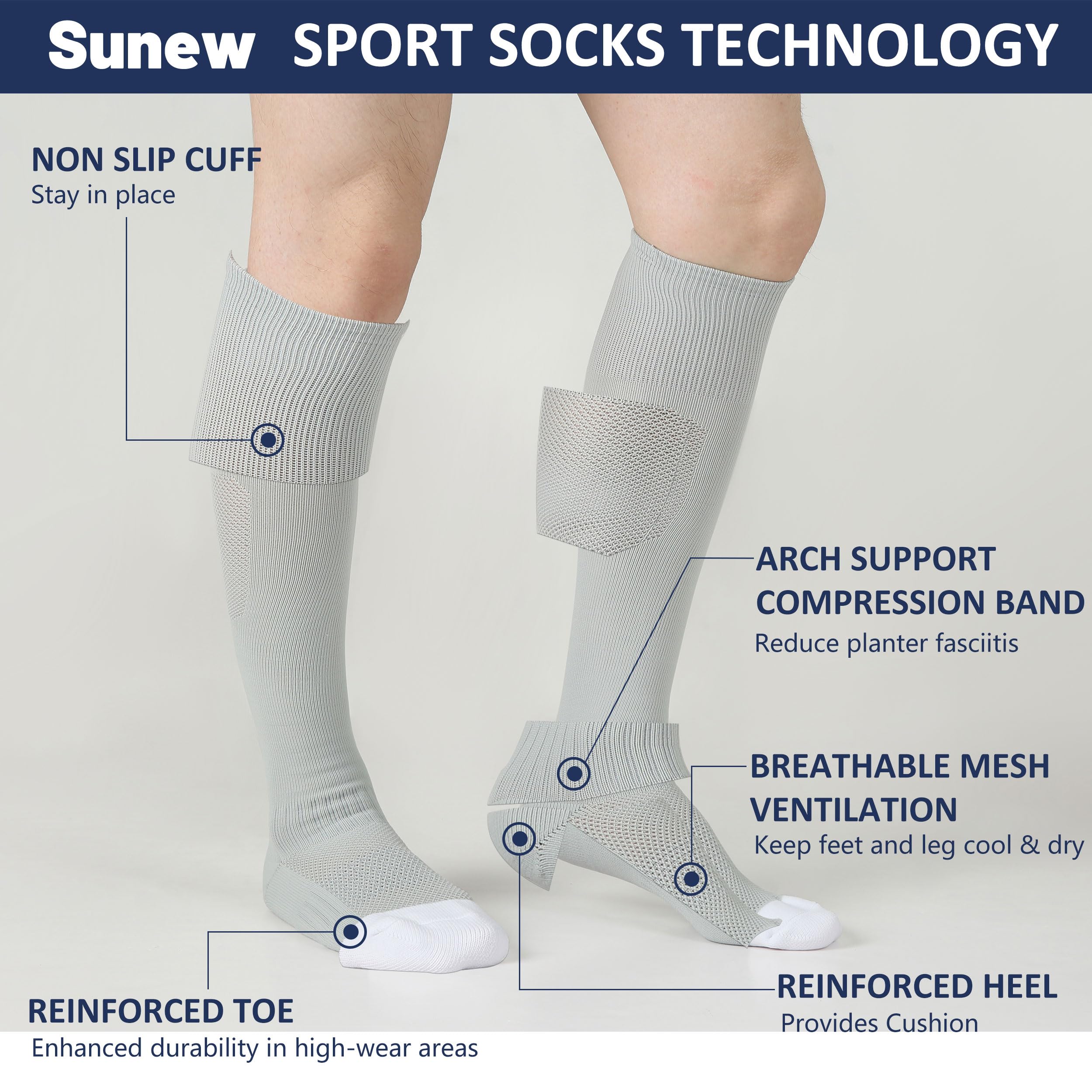 Sunew 2/3 Pack Multi-Sport Athletic Socks for Soccer Baseball Softball Football Volleyball - Youth & Adult Sizes (4 Sizes) - Perfect for Training, Games & Team Sports