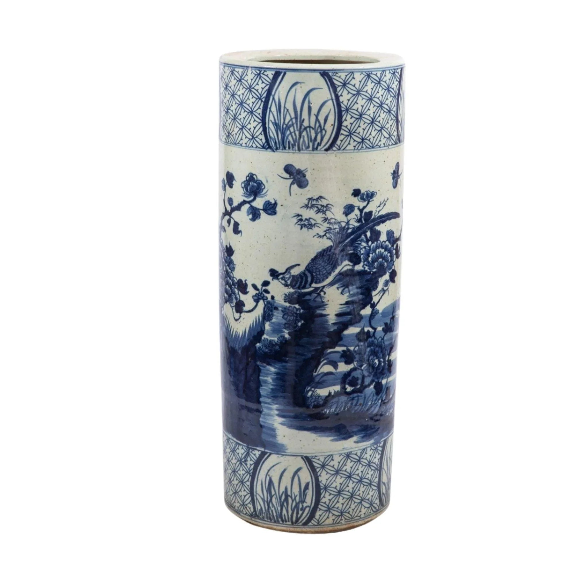 Blue and White Floral Birds Porcelain Umbrella Stand - Elegant Home Decor for Entryway, Porch or Garden - Perfect for Organizing Umbrellas, Canes and Walking Sticks