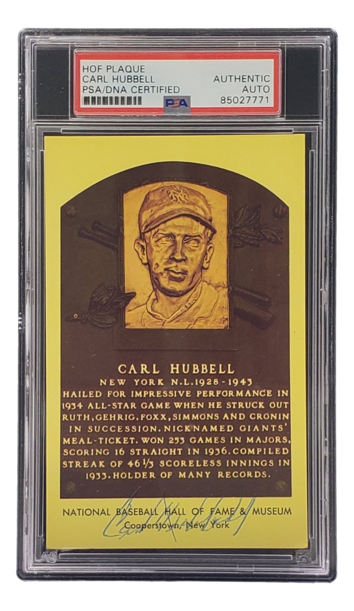 Carl Hubbell Autographed 4x6 New York Giants Hall of Fame Plaque Card with PSA/DNA Certification #85027771 - Perfect for Sports Memorabilia Collectors and Baseball Fans Display