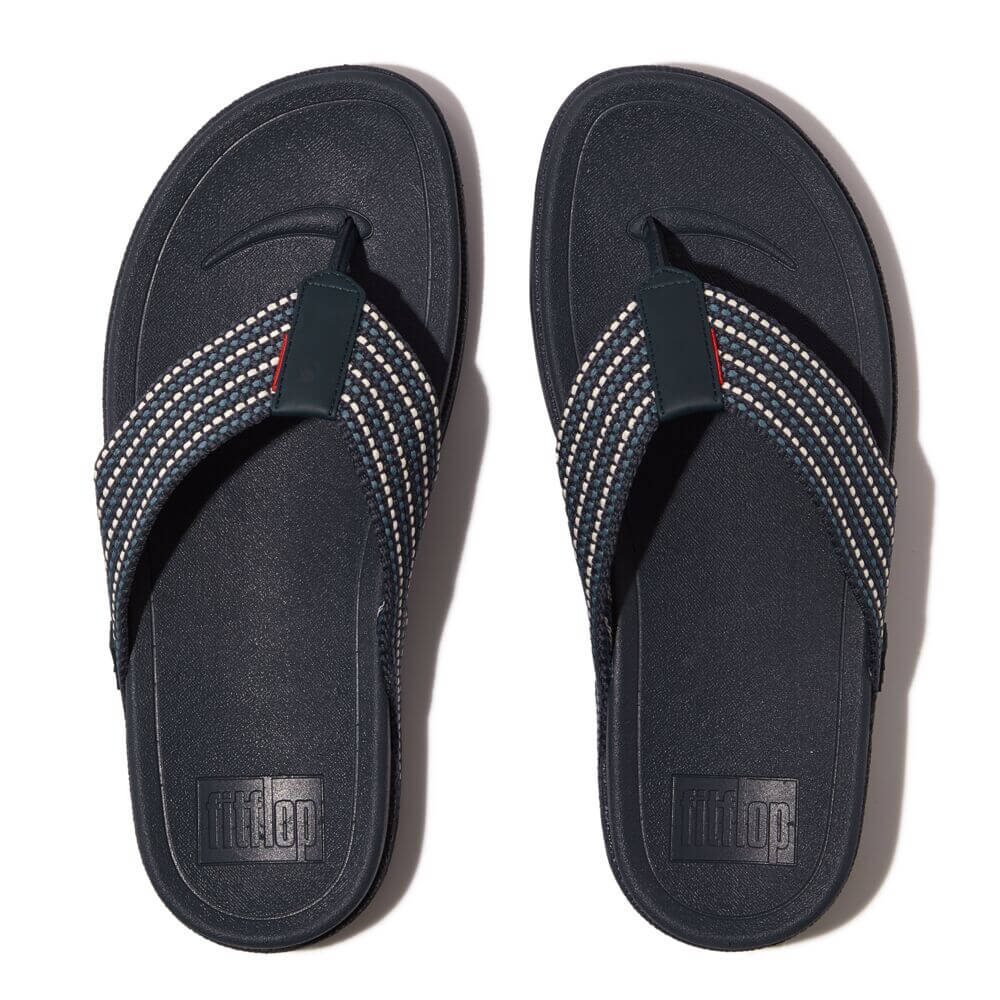 FitFlop Men's Surfer Weave Stripe Sandals - Comfortable Slide Sandals for Men, Breathable & Supportive - Midnight Navy Mix - Perfect for Beach, Pool, and Summer Outdoor Activities