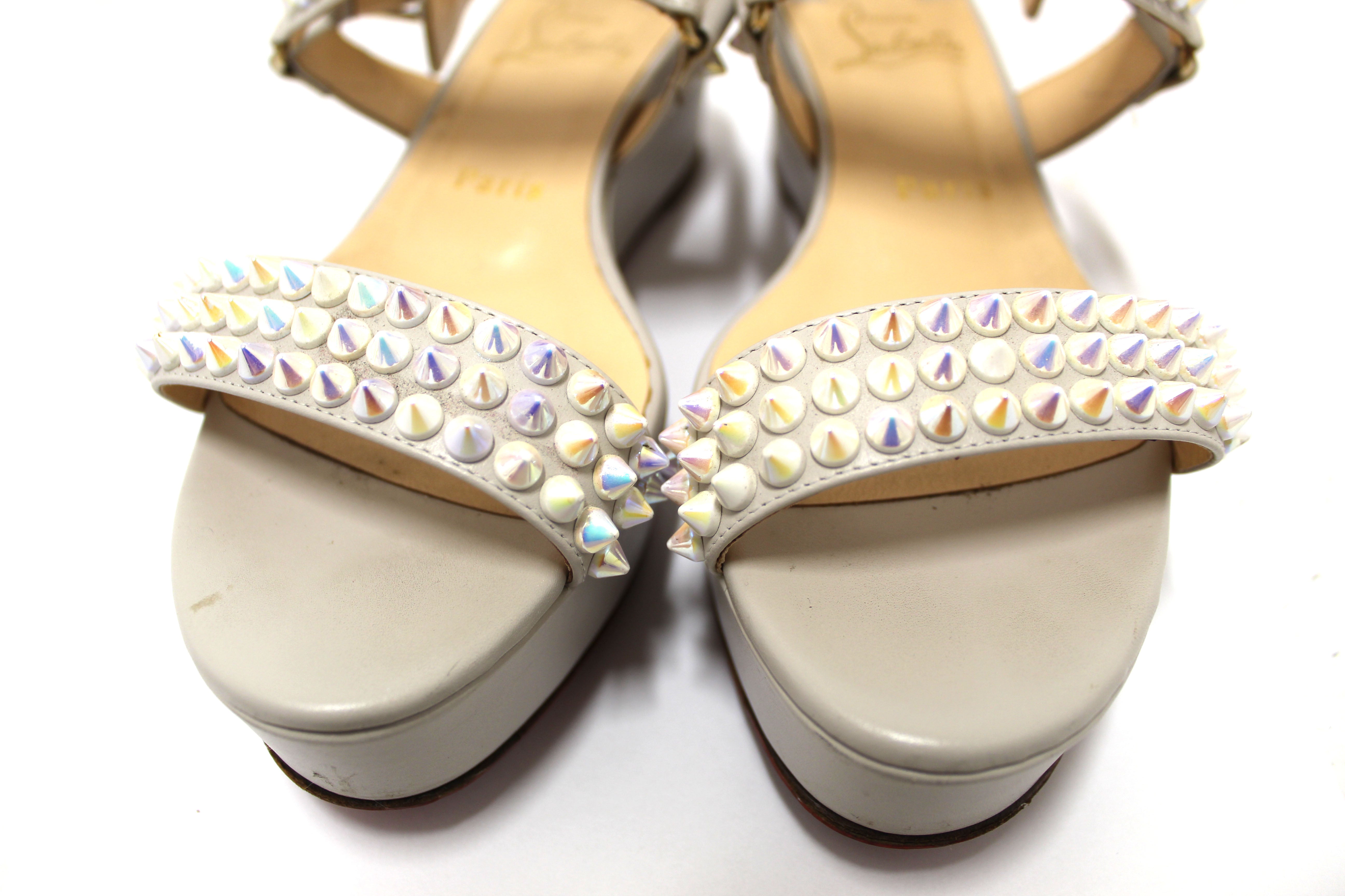 Authentic Christian Louboutin White Leather Cordorella Spikes Flatform Sandals Women's Size 37.5 - Perfect for Summer Weddings, Beach Vacations & Night Out Parties