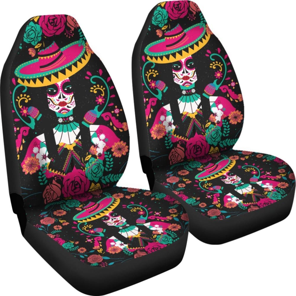 2 Pcs Sugar Skull Car Seat Covers - Premium Universal Fit for Cars, Trucks & SUVs - Day of the Dead Design - Protect Your Seats in Style - Perfect for Halloween, Dia de los Muertos & Mexican Themed Decor