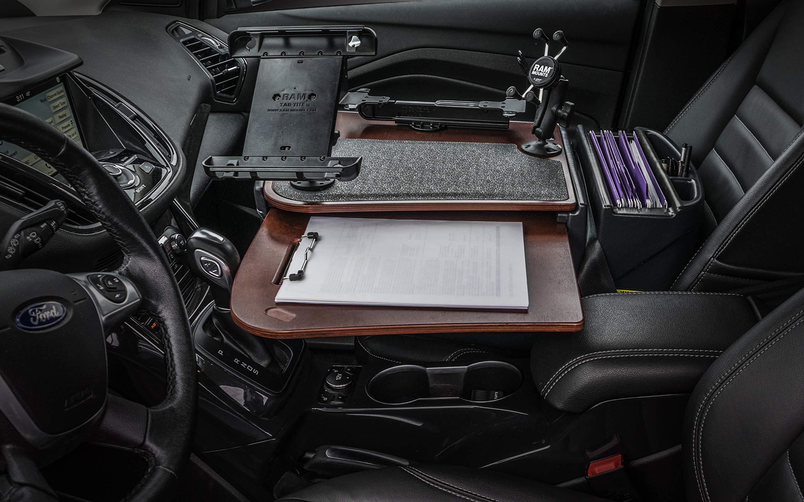 AutoExec AUE18300 GripMaster Car Desk with Built-in 200W Power Inverter, Phone & Tablet Mount - Mahogany Finish Workstation for Truck Drivers, Sales Reps & Road Warriors | Perfect for Mobile Office, Road Trips & On-the-Go Productivity