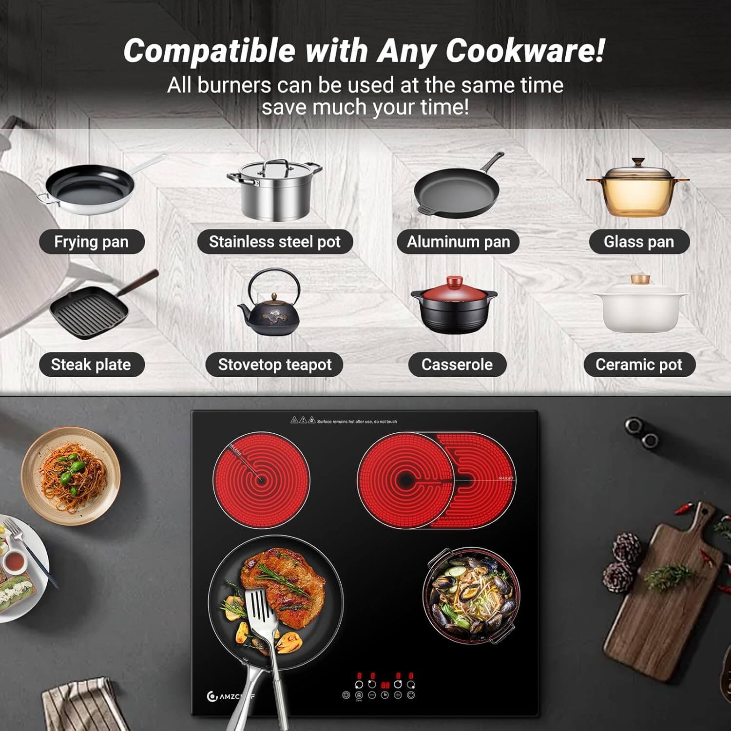 AMZCHEF 24 Inch Built-in Electric Cooktop with 4 High Power Burners - 6700W Fast Heating for Professional Cooking - Perfect for Home Kitchens, Apartments & RVs