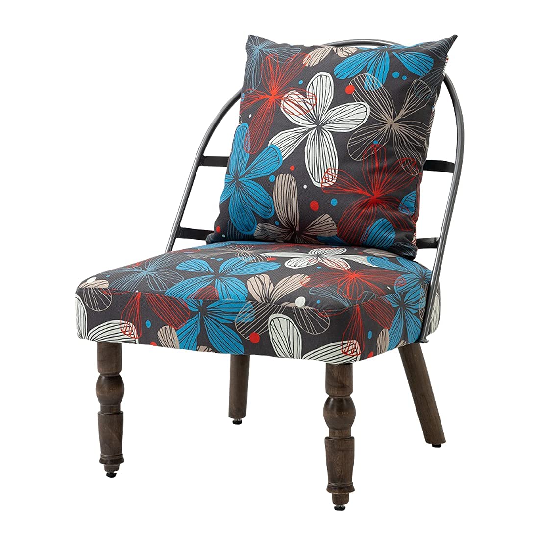 Newnno Modern Bohemian Accent Chair - Colorful Linen Upholstered Living Room & Bedroom Chair with Retro Wooden Legs - Blue Ethnic Style Decor for Home, Office & Lounge Spaces