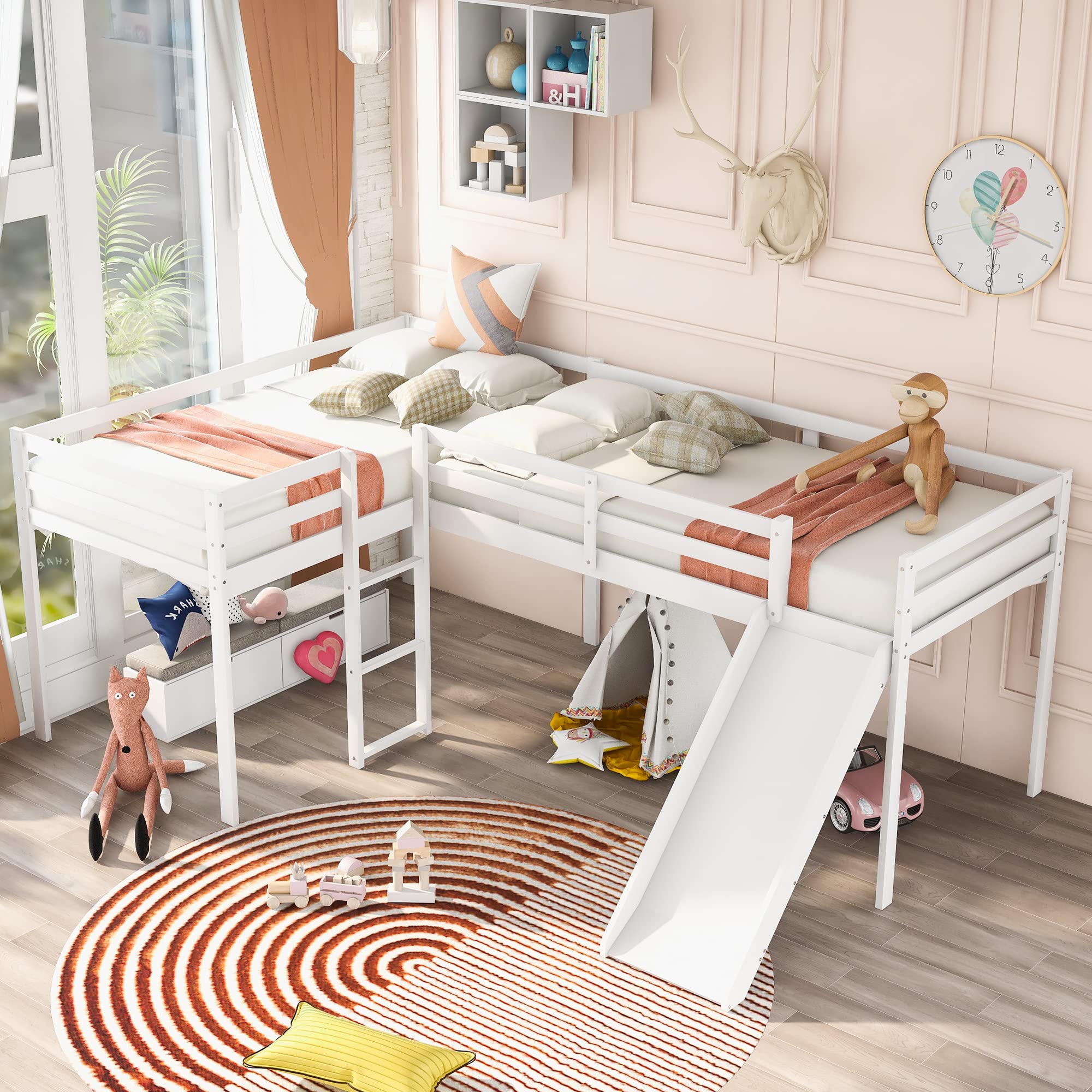 L-Shaped Twin Loft Bed with Slide - White Wooden Loft Bed Frame for Kids & Teens - No Box Spring Needed - Perfect for Small Rooms, Play Areas & Sleepovers
