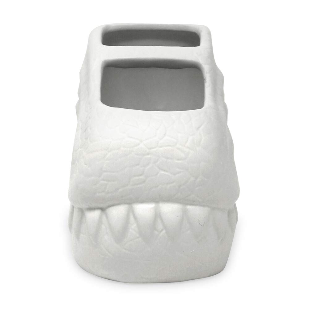 Isaac Jacobs White Ceramic Dinosaur Toothbrush Holder - 2 Compartment Bathroom Organizer for Toothbrushes, Makeup Brushes & Utensils | Stylish Storage for Bathroom Counter, Kitchen, Office Desk & Craft Room | Dinosaur-Themed Home Decor Accessory (White)