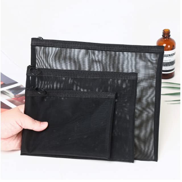 GELIMY 3-Piece Black Mesh Makeup Travel Bag Set with Zipper - Waterproof Cosmetic Pouch Organizer for Women & Men (3 Sizes, Size 2) - Perfect for Travel, Gym, and Daily Essentials Storage